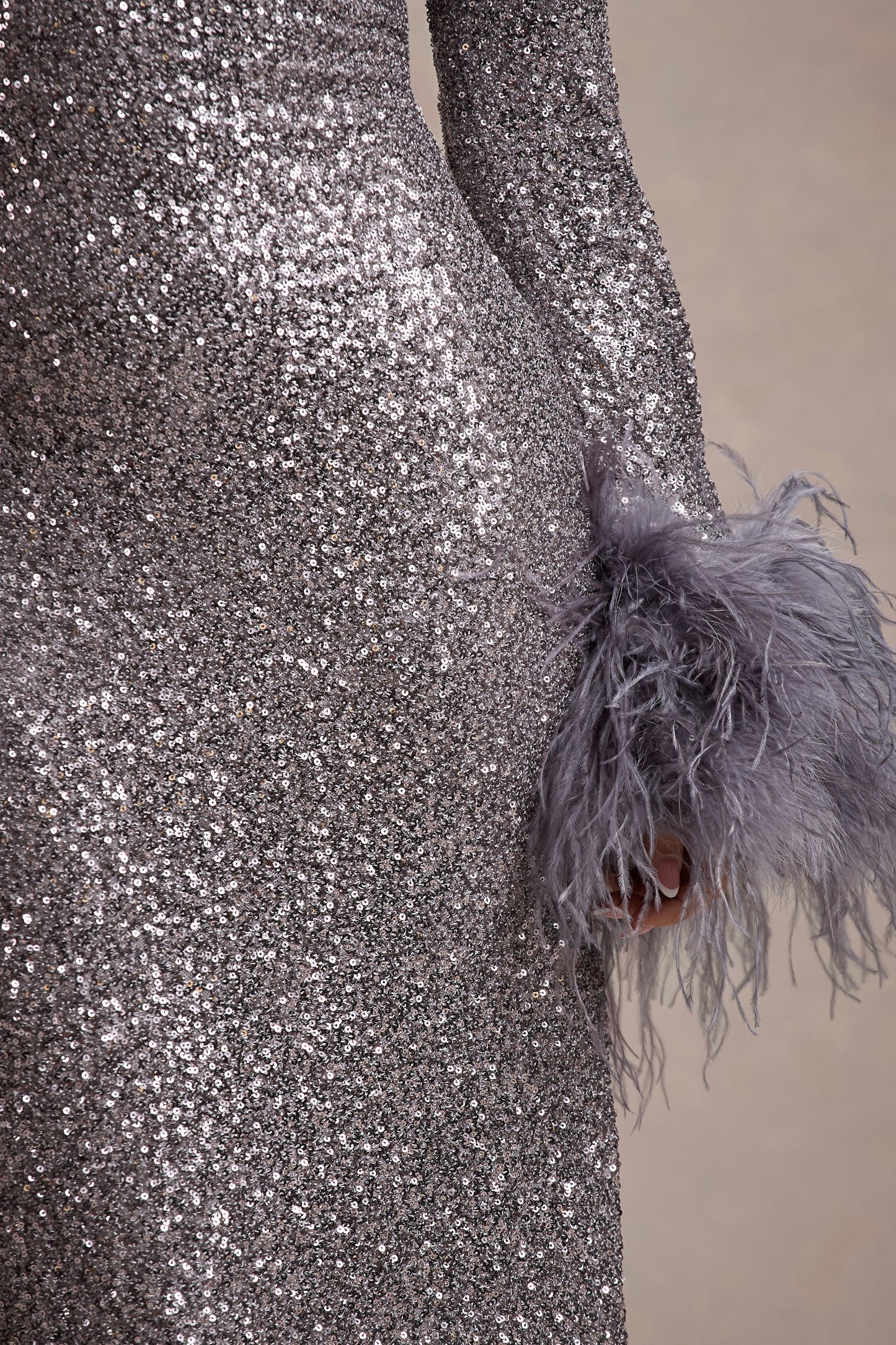 North Star Silver Sequin Long-Sleeve Midi Dress With Feather Cuffs