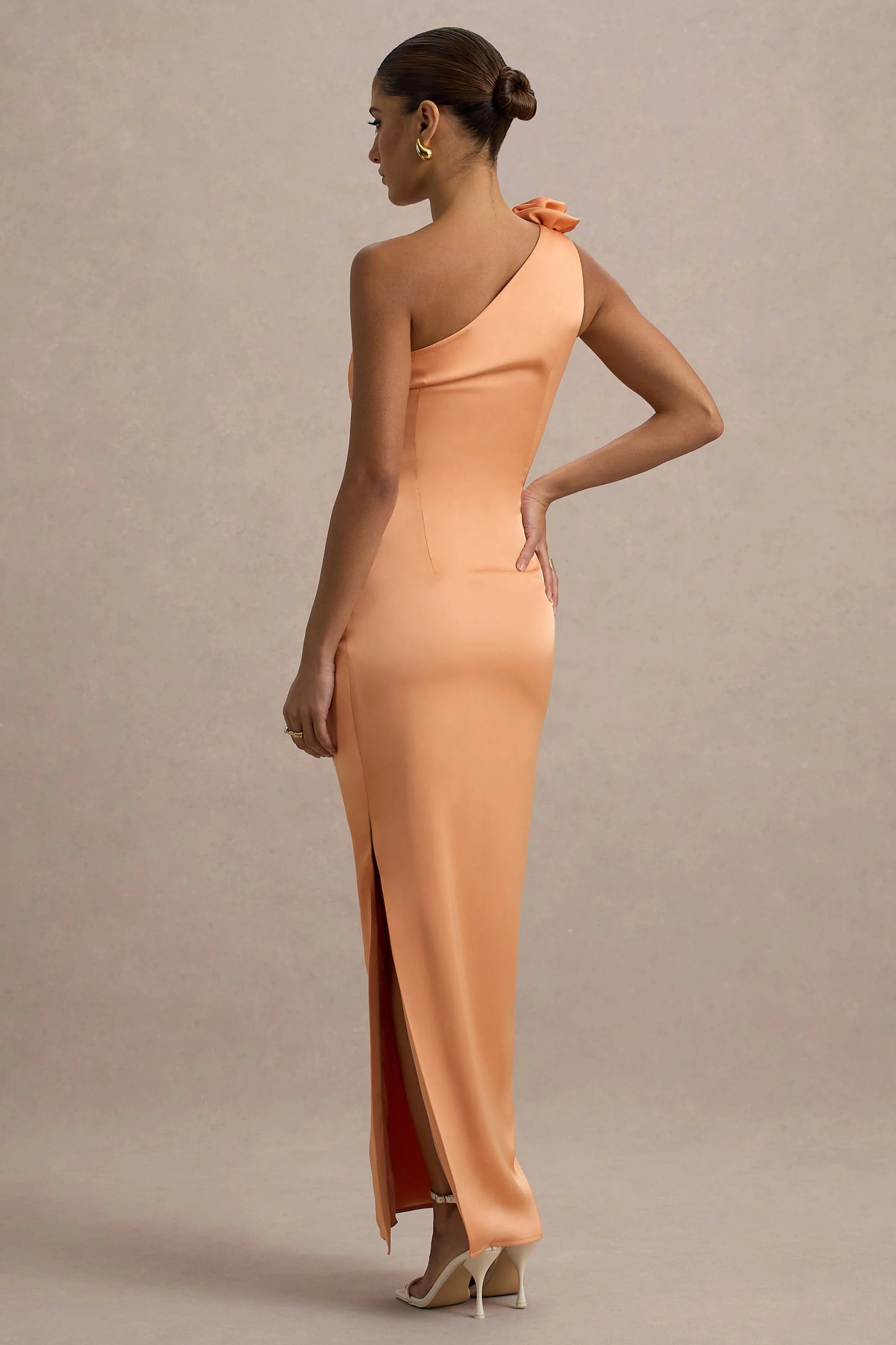 Janette Peach Satin One-Shoulder Split Maxi Dress With Corsage