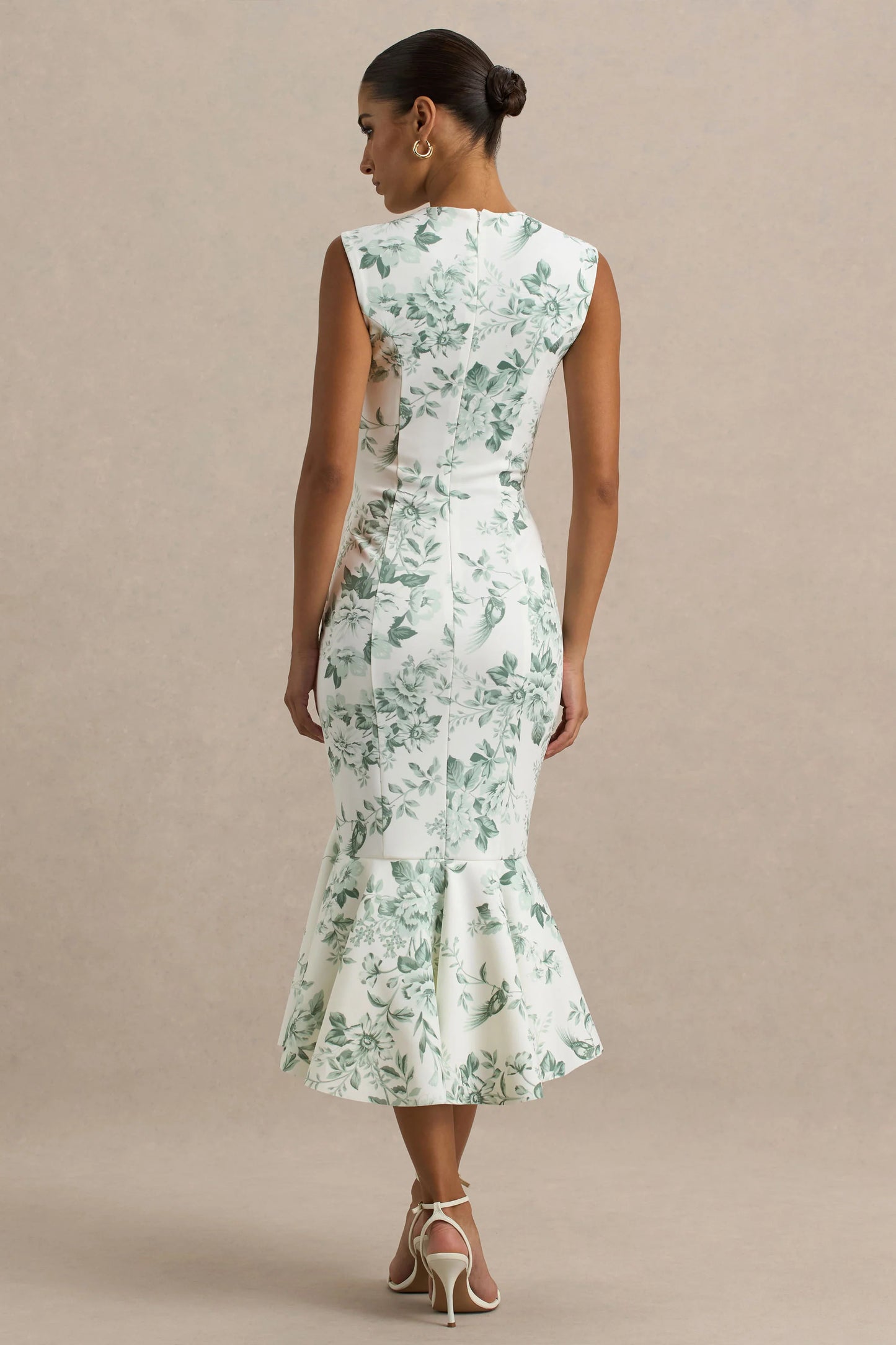 Priceless Green Porcelain Print Print High-Neck Fishtail Midi Dress