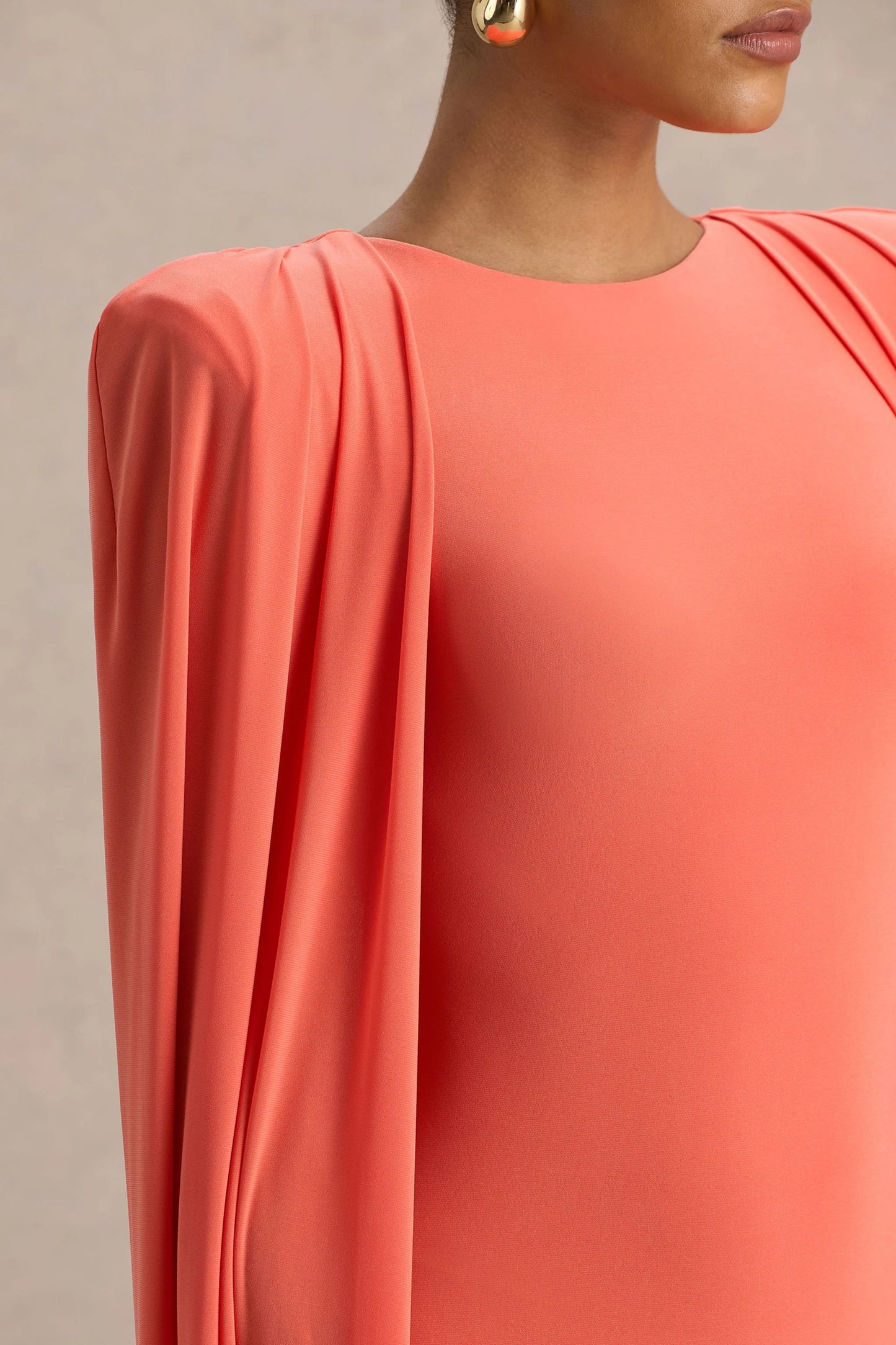 Mimi Coral High-Neck Maxi Dress With Cape Sleeve Detail