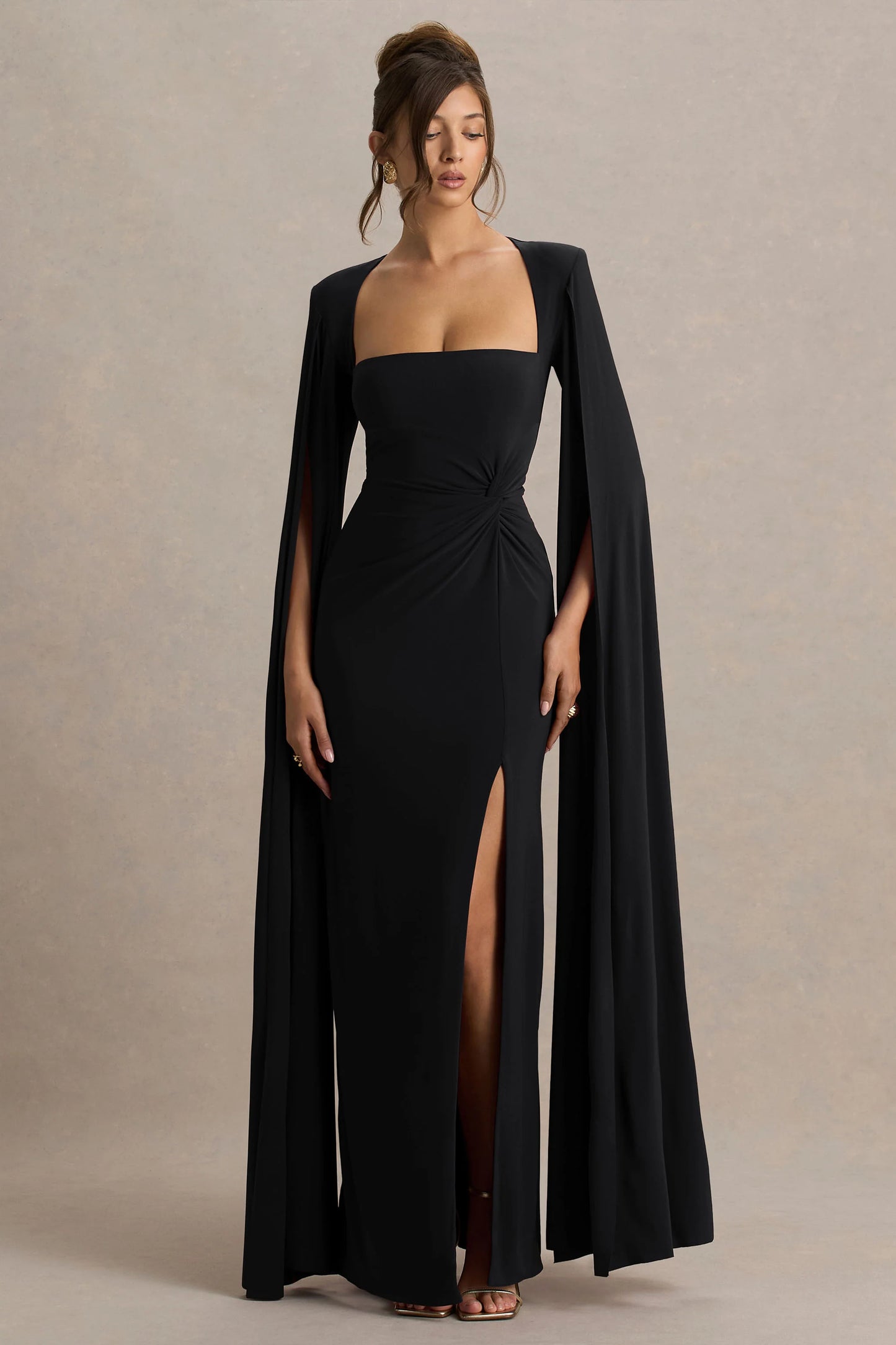 Claretta Black Square Neck Twisted Maxi Dress With Cape Sleeves