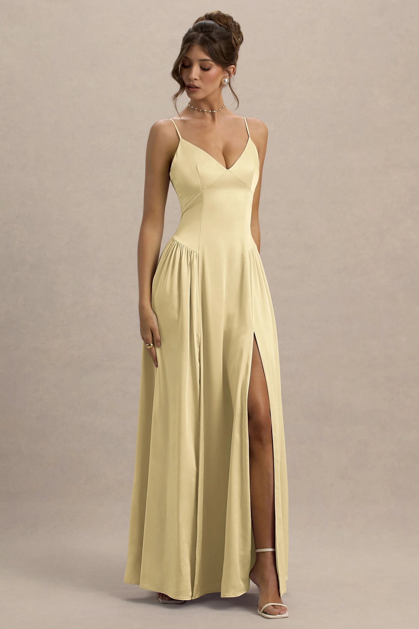 Jonas Lemon Plunge-Neck Maxi Dress With Cami Straps