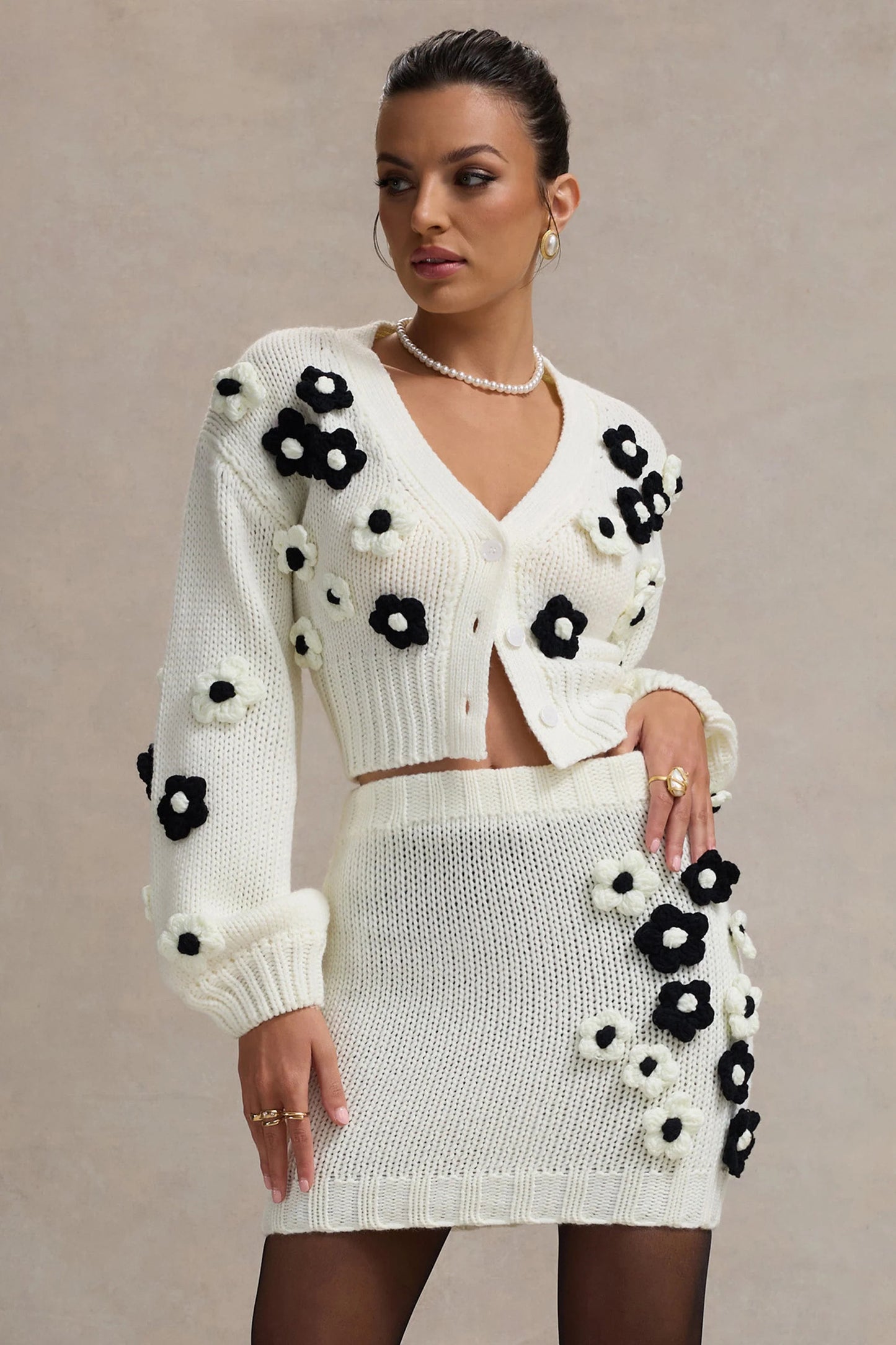Louvre Cream & Black Knit Cropped Floral Cardigan
