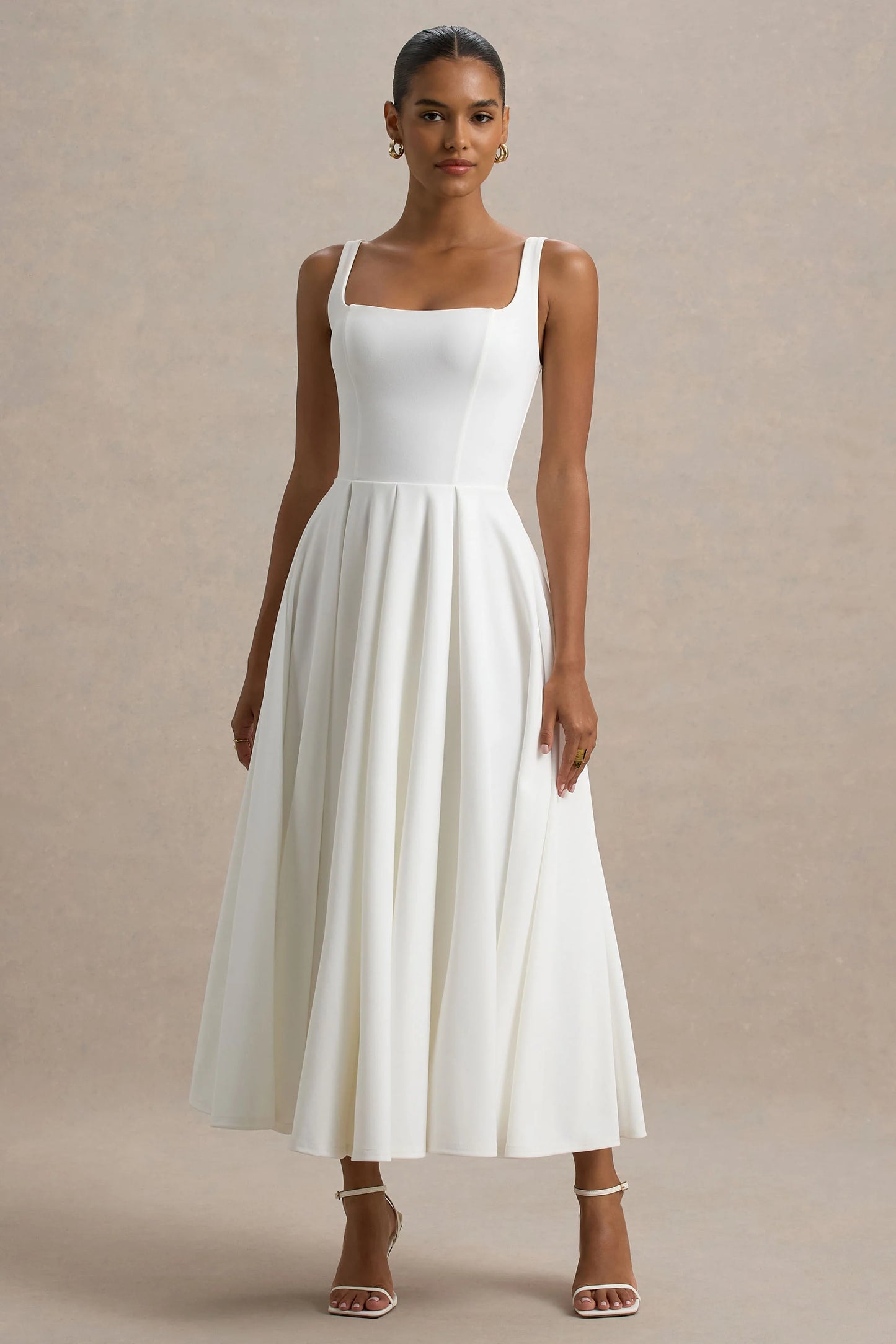 Parina White Strappy Volume-Hem Midi Dress