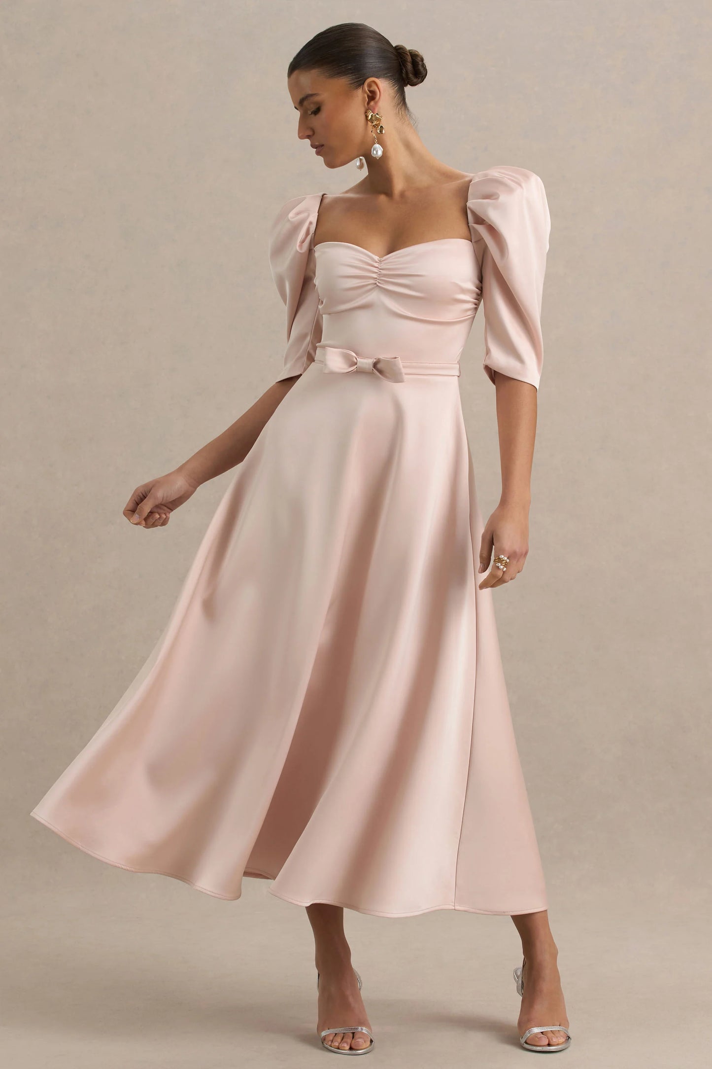 Rosey Pale Pink Satin Sweetheart Midi Dress