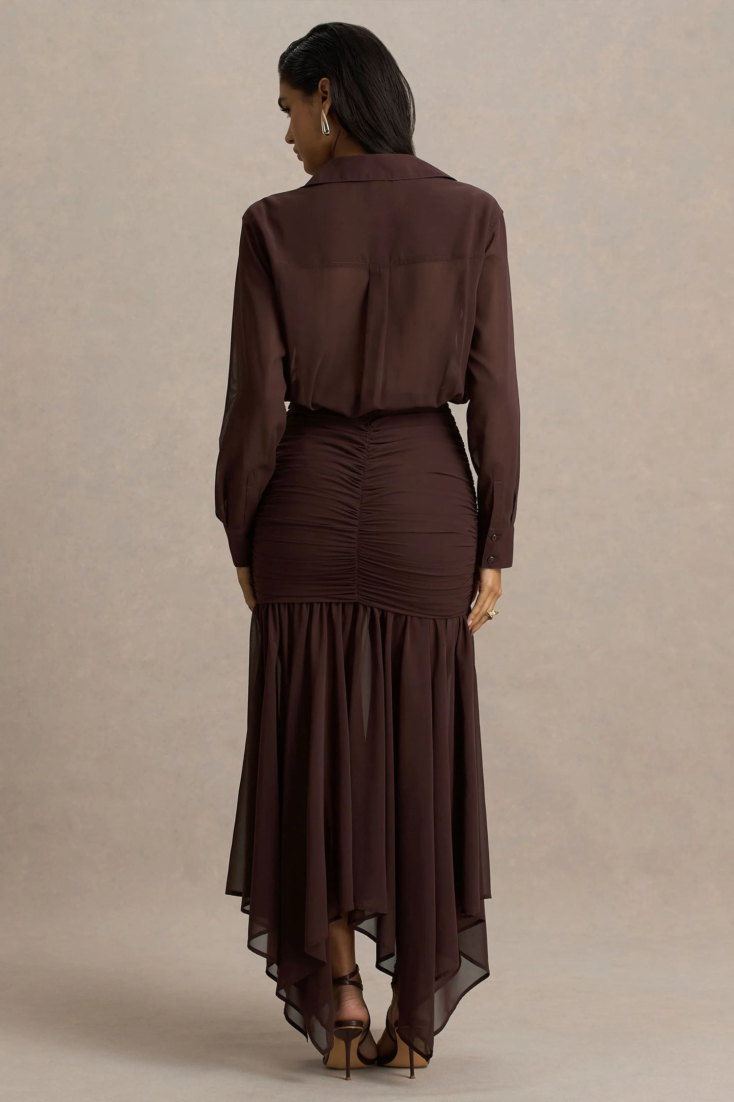 Kris Brown Plunge-Neck Maxi Dress With Ruched Detailing
