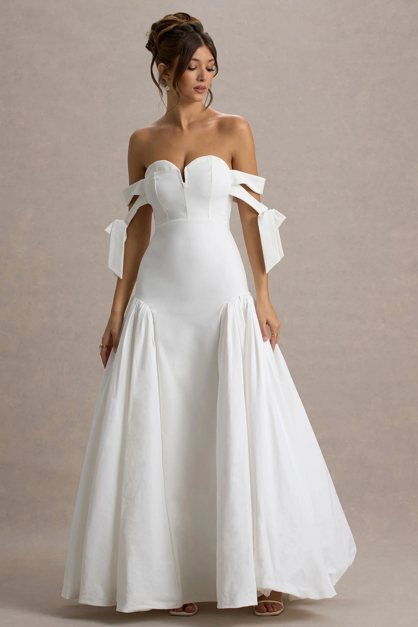 Ethel White & Cream Bardot Maxi Dress With Volume Skirt