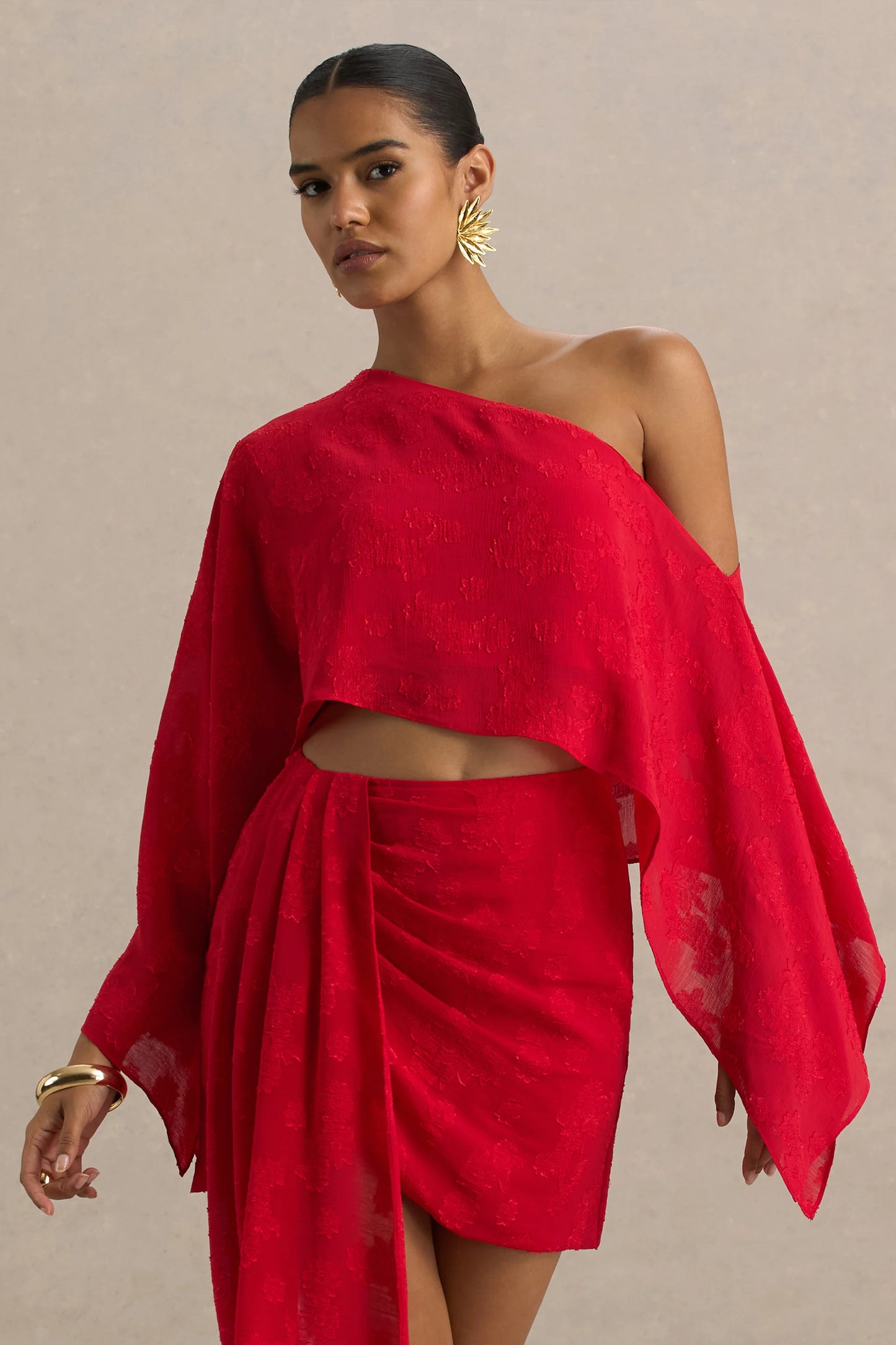 Aruba Red Satin Devore Asymmetric Long-Sleeve Crop Top