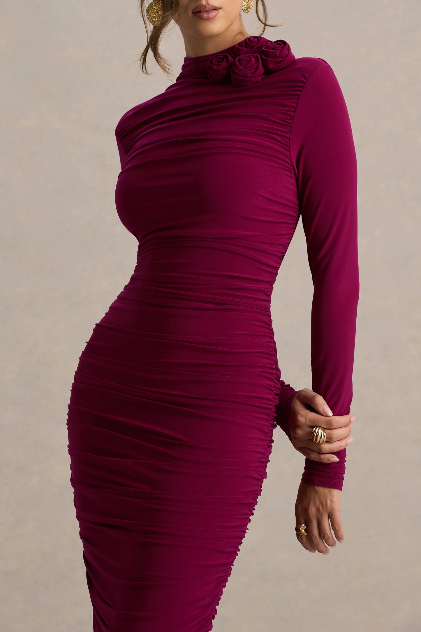 Tamara Burgundy Long-Sleeve Ruched Midi Dress