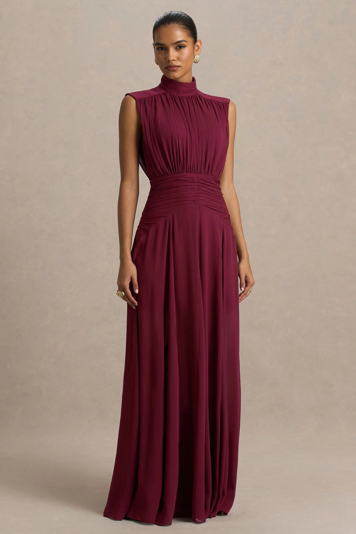Melanina Burgundy High-Neck Maxi Dress With Ruched Detailing