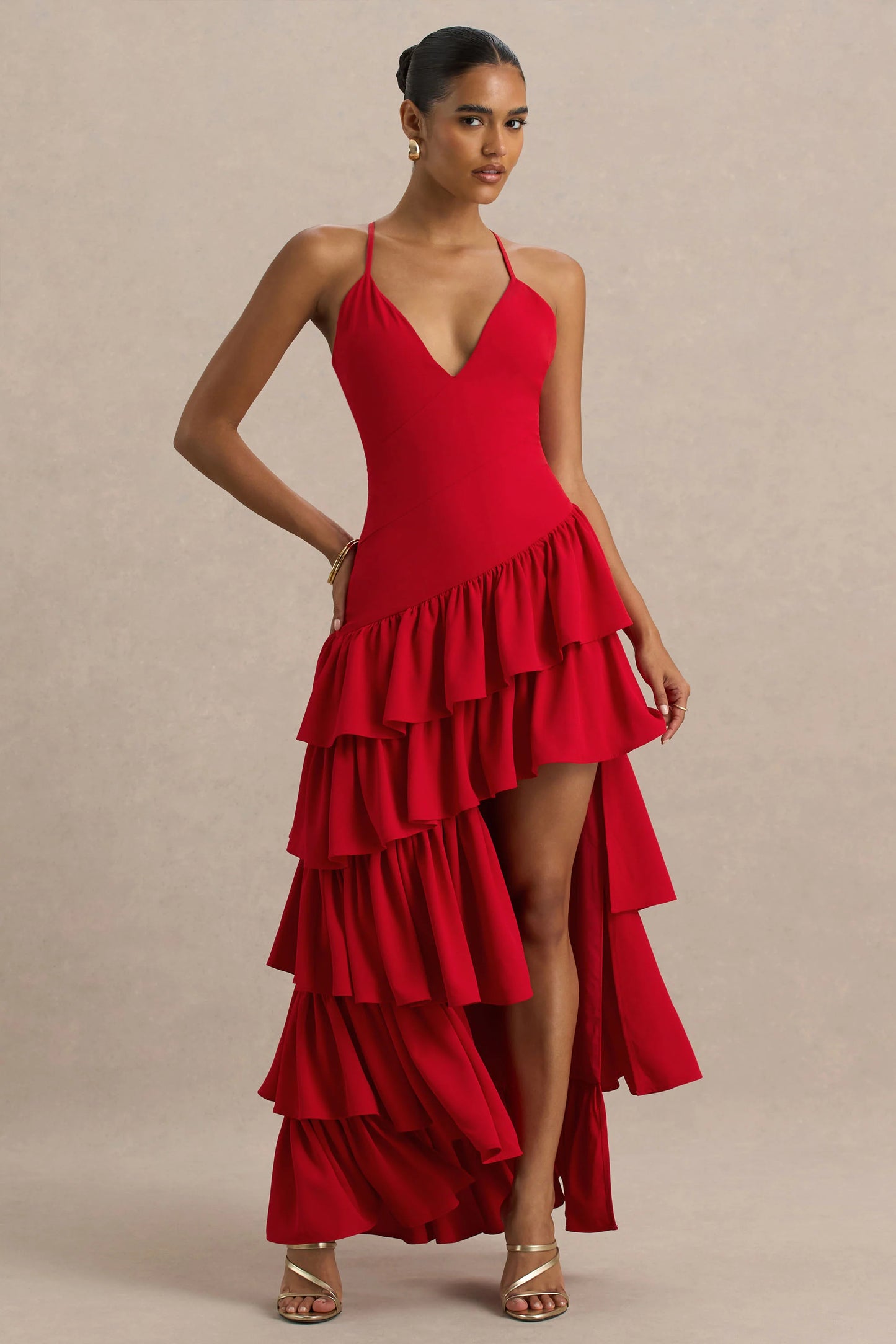 Bogota Red Plunge-Neck Maxi Dress With Ruffling Details And Front High Split