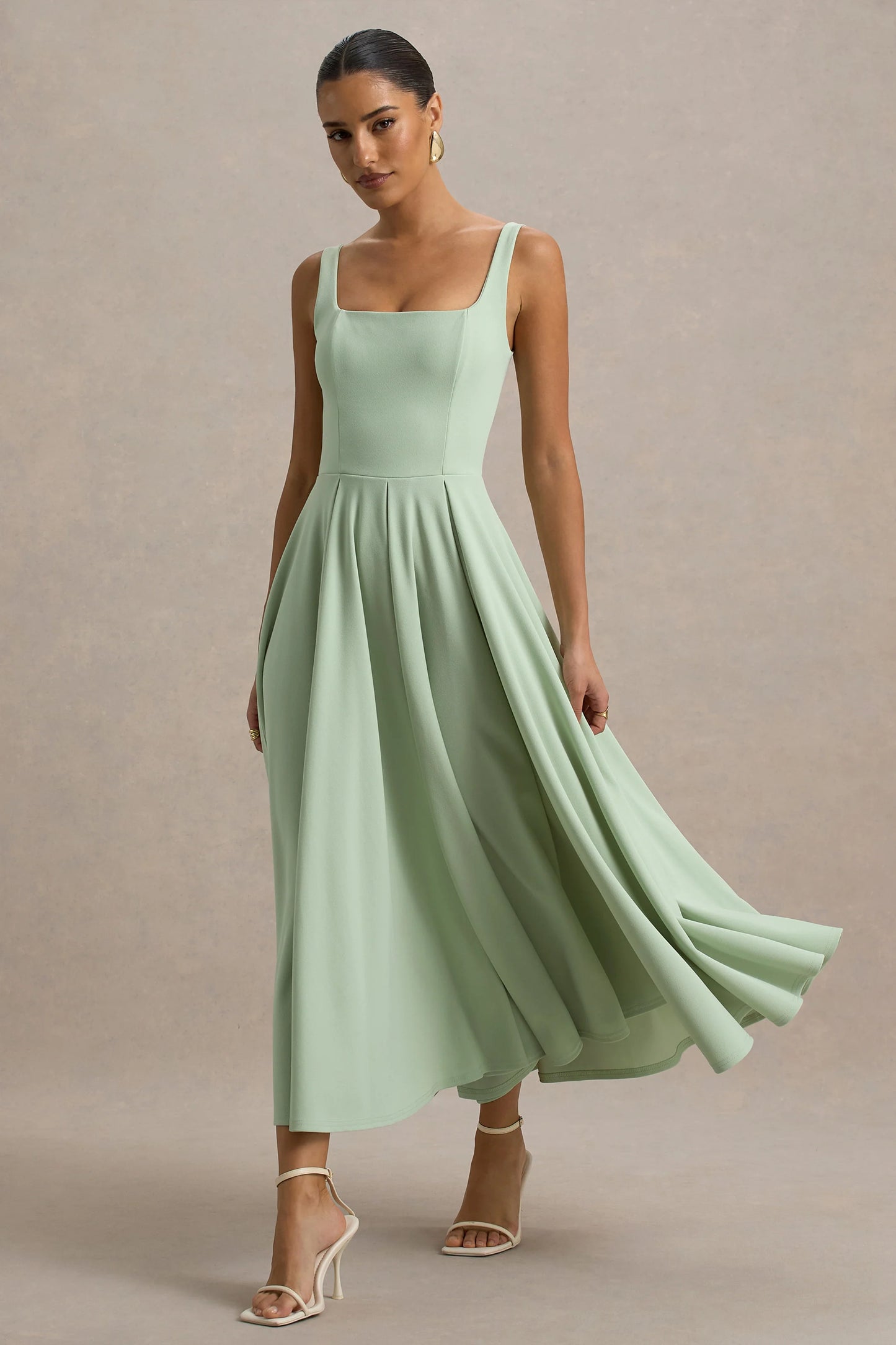 Parina Light Green Strappy Volume-Hem Midi Dress