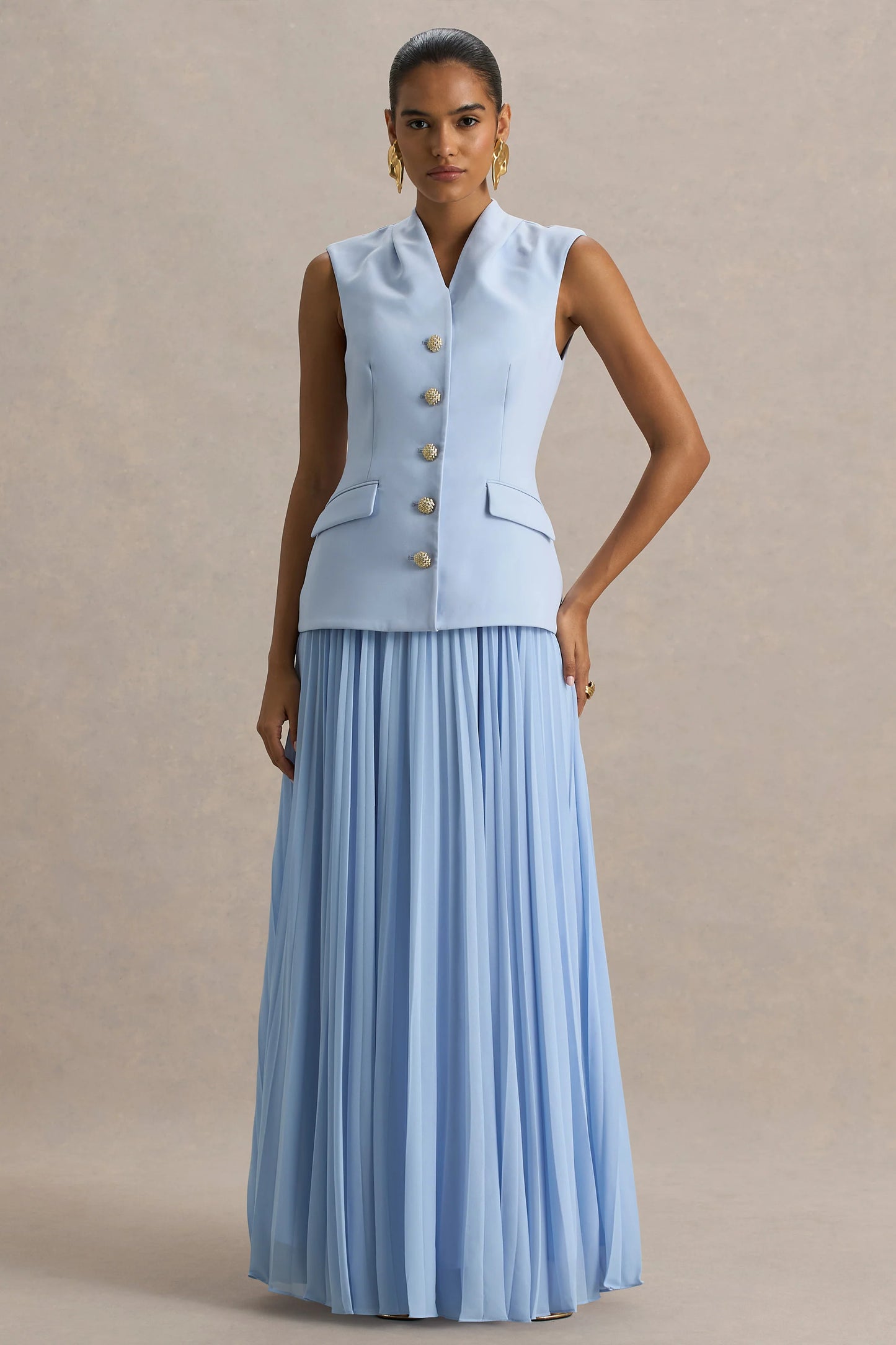 Heavenly Powder Blue High Neck Maxi Dress With Pleated Detailing