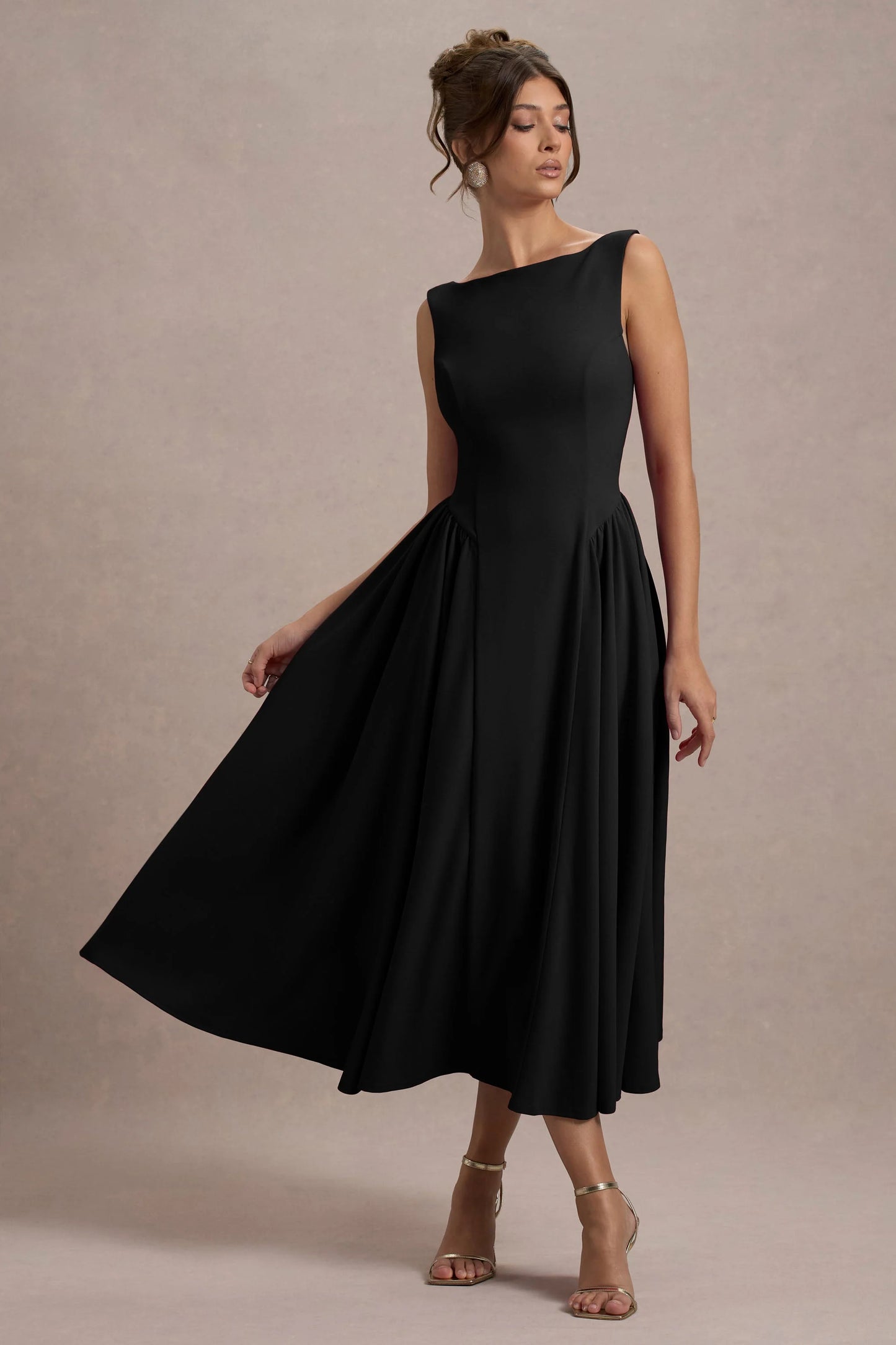 Muriel Black Boat-Neck Volume-Hem Midi Dress