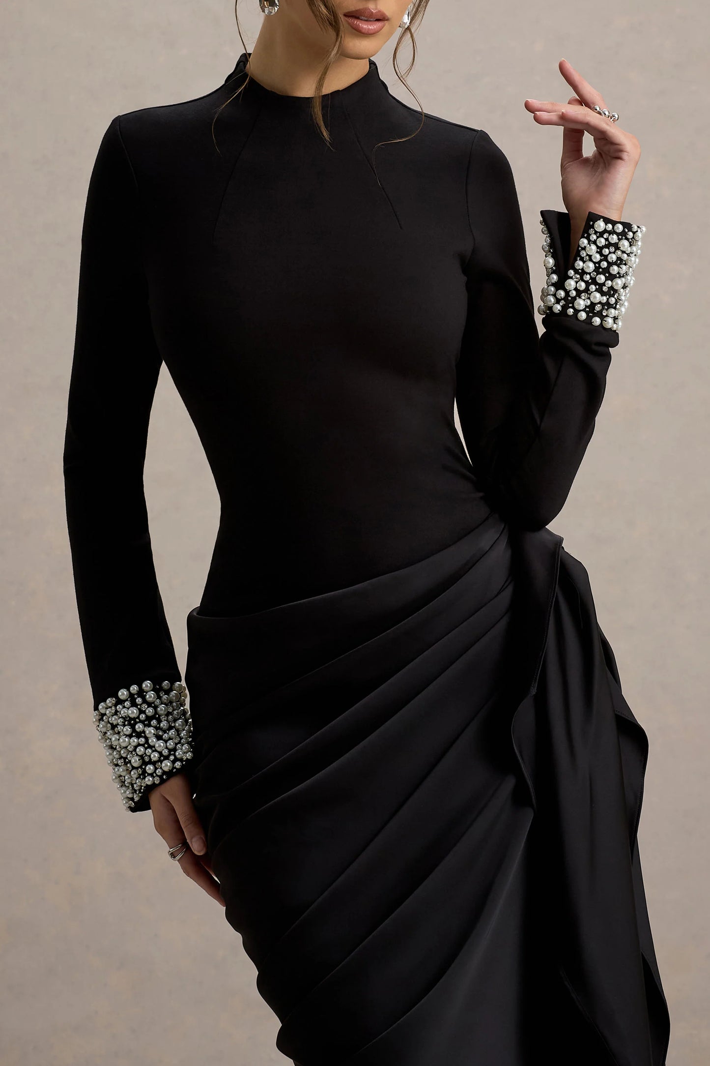 Luanna Black Satin Long-Sleeve Midi Dress With Draped Skirt And Embellised Cuffs