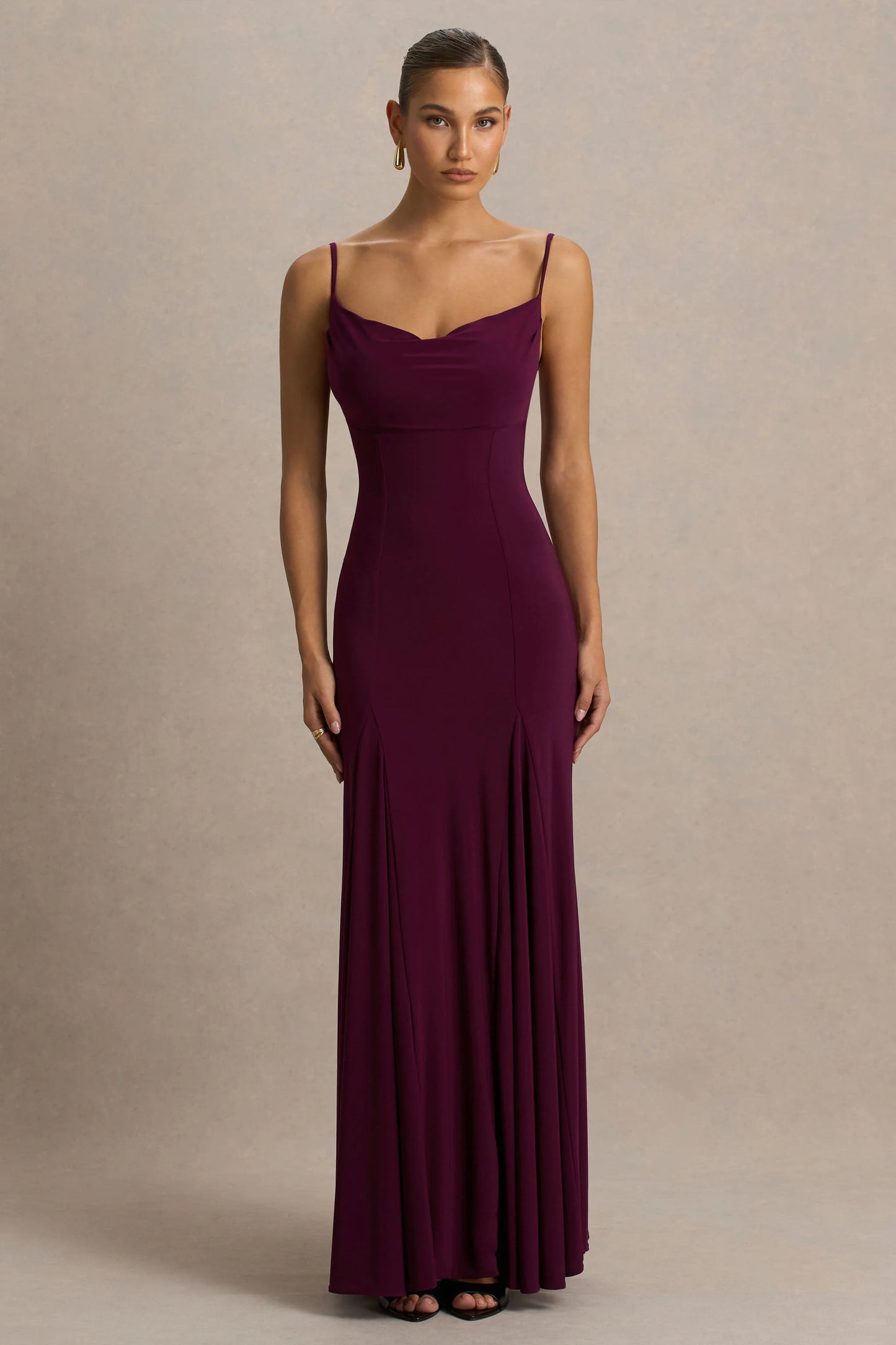 Gabbie Burgundy Cowl-Neck Maxi Dress With Mesh Back Detail