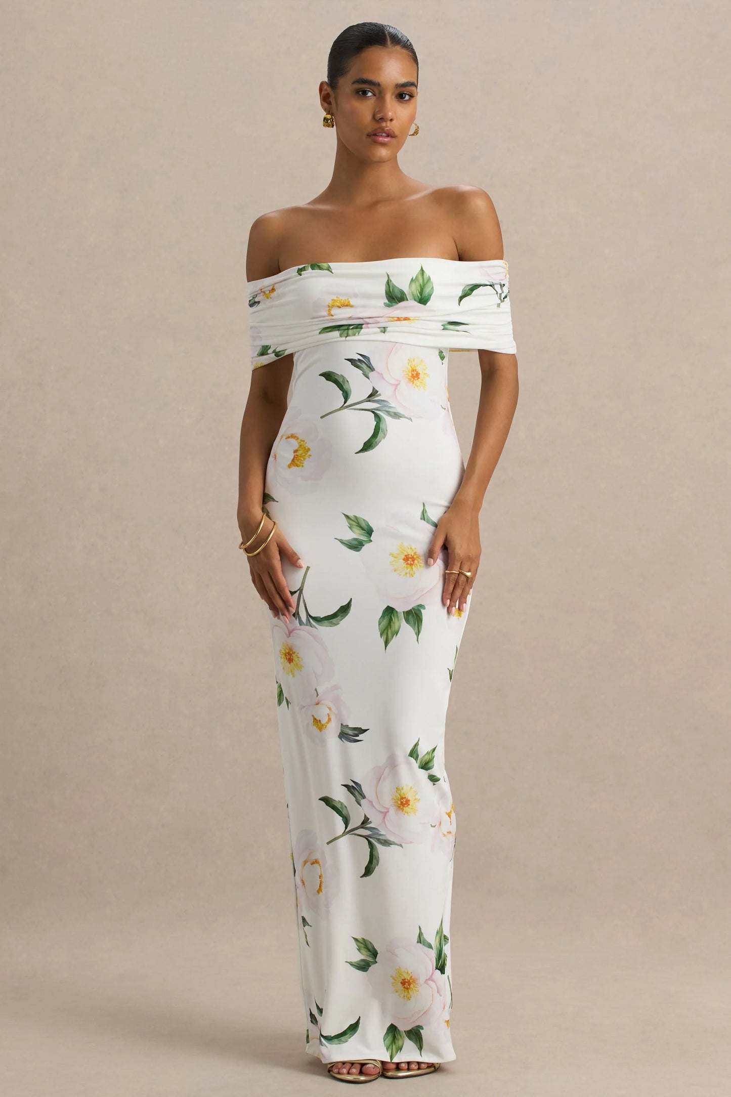 Capri White Rose Print Bardot-Neck Maxi Dress With Ruched Detailing