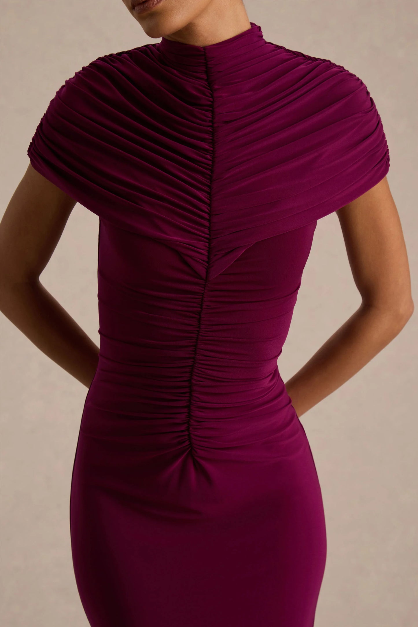 Azaria Burgundy High-Neck Maxi Dress With Ruched Detailing