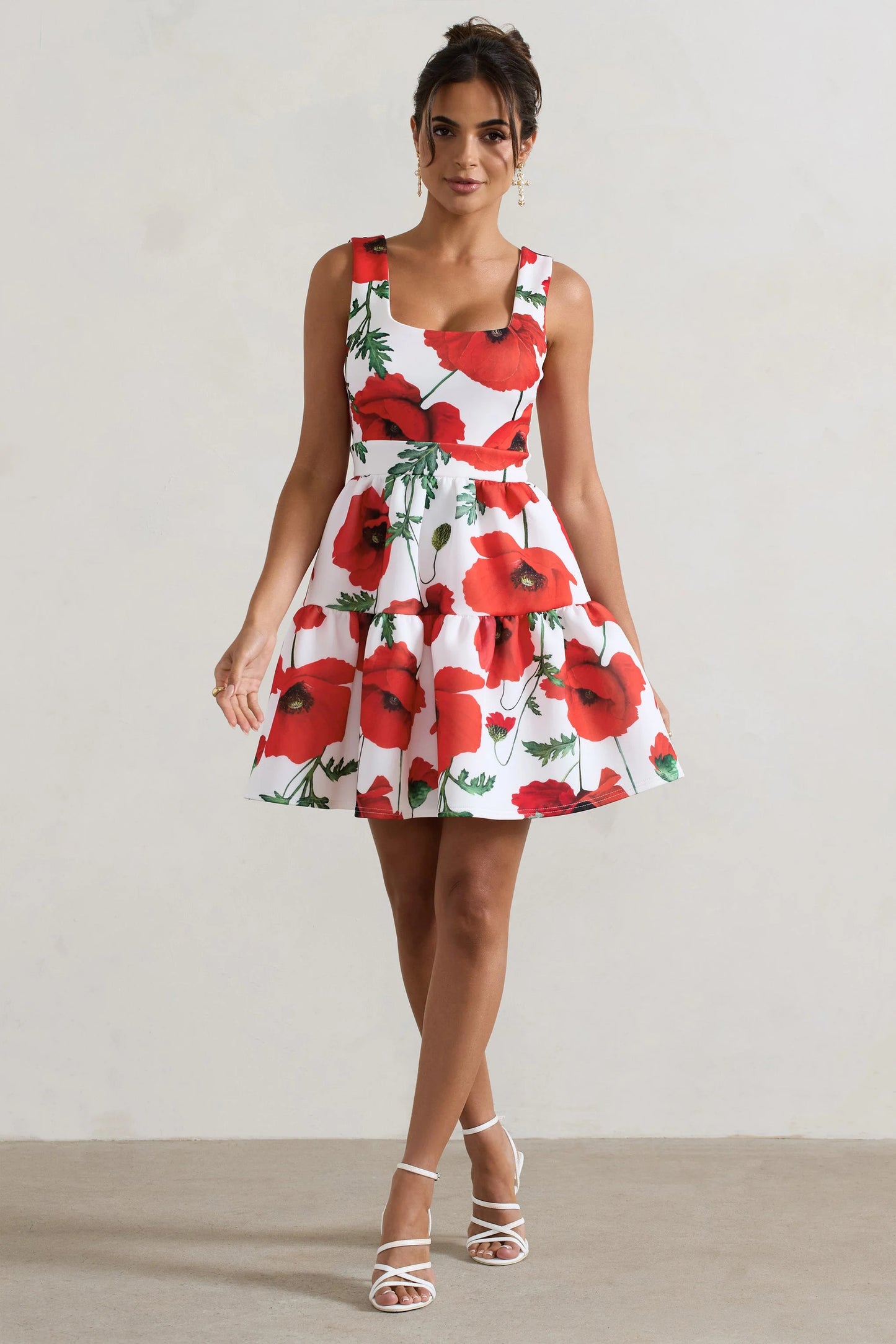Alia Poppy Print Scoop-Neck Tiered Volume Hem Mini Dress