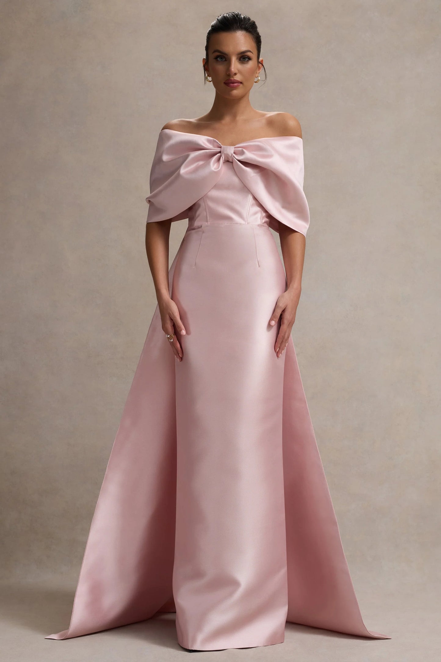 Wanting More Pink Satin Cape Maxi Dress With Oversized Bow