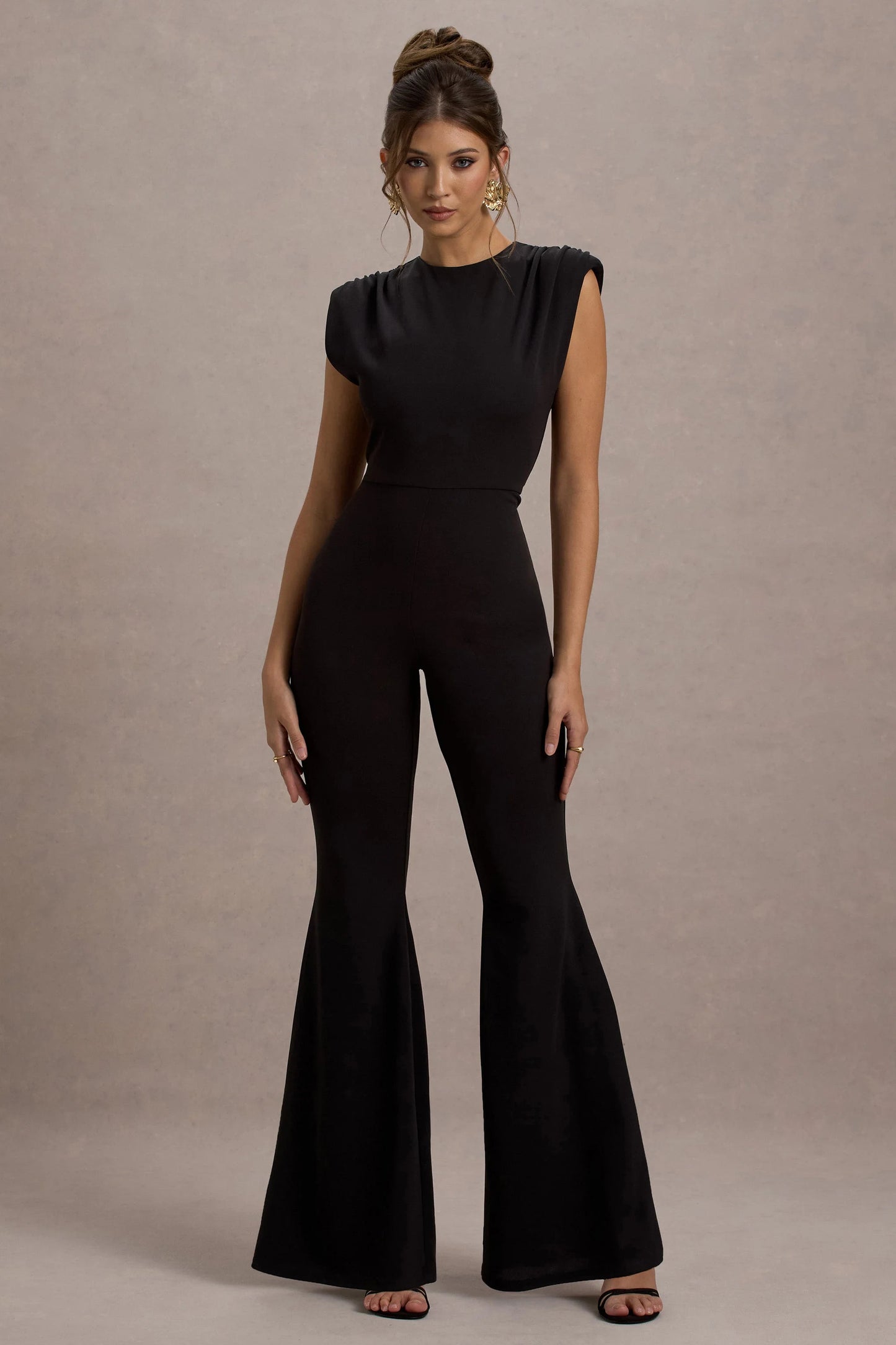 Elyna Black High-Neck Draped Flared-Leg Jumpsuit