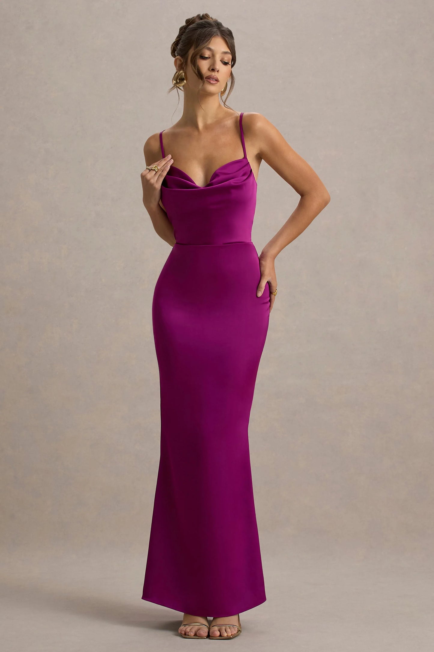 Gia Dark Pink Satin Cowl-Neck Maxi Dress