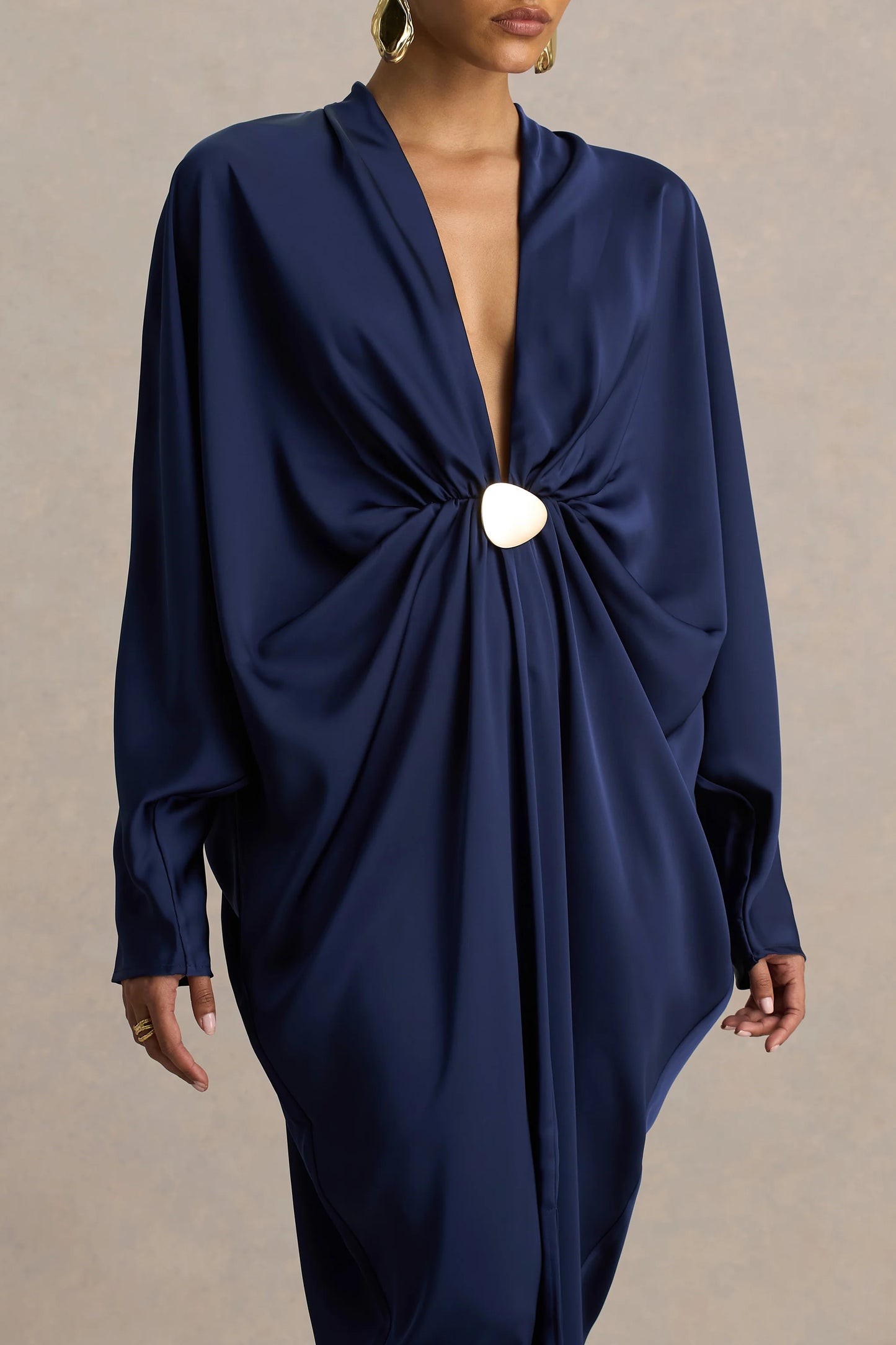 Tina Navy Satin Plunge-Neck Embellished Maxi Dress