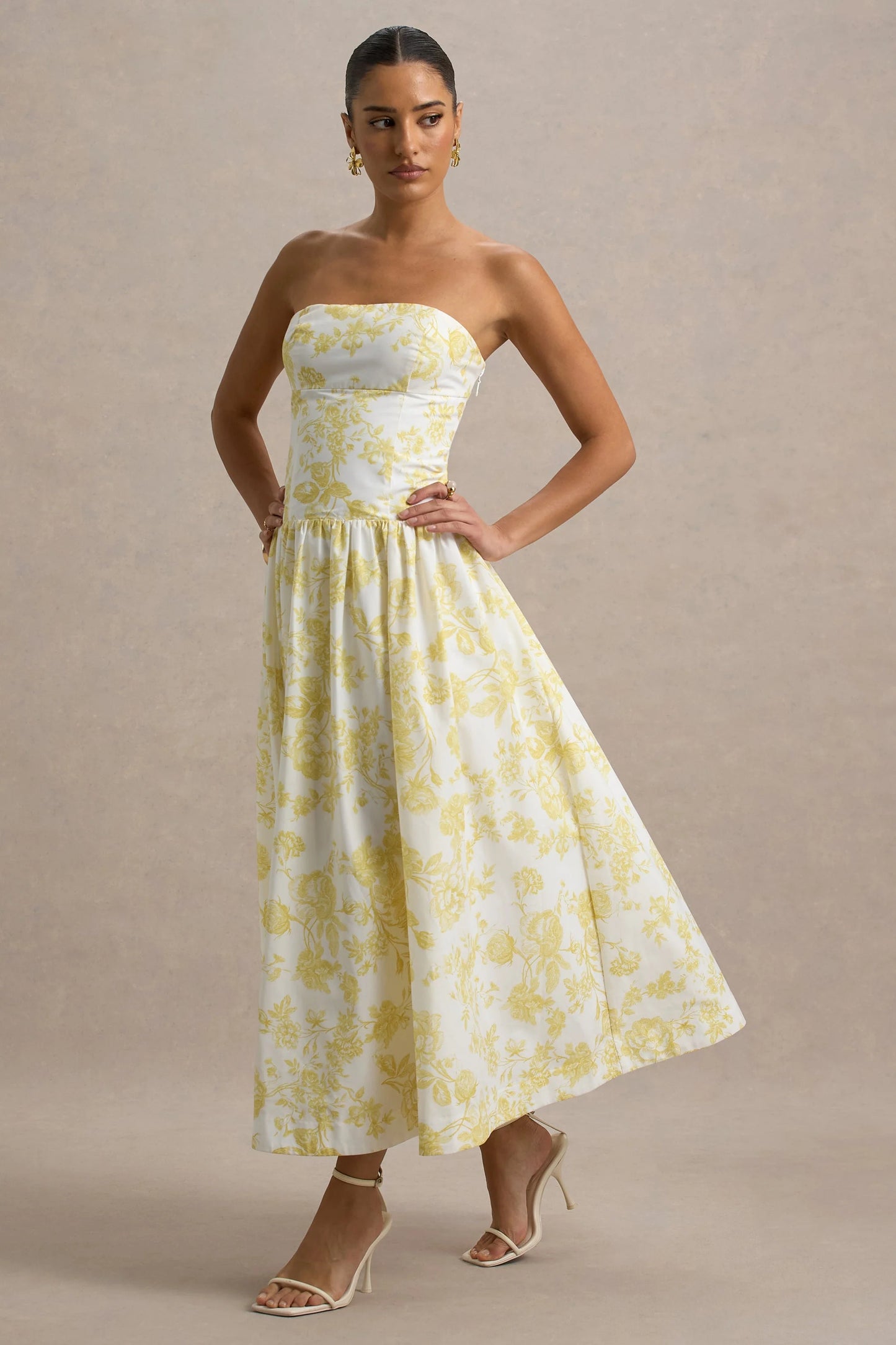 Bluebell Lemon Porcelain Print Poplin Bandeau Drop-Waist Midi Dress