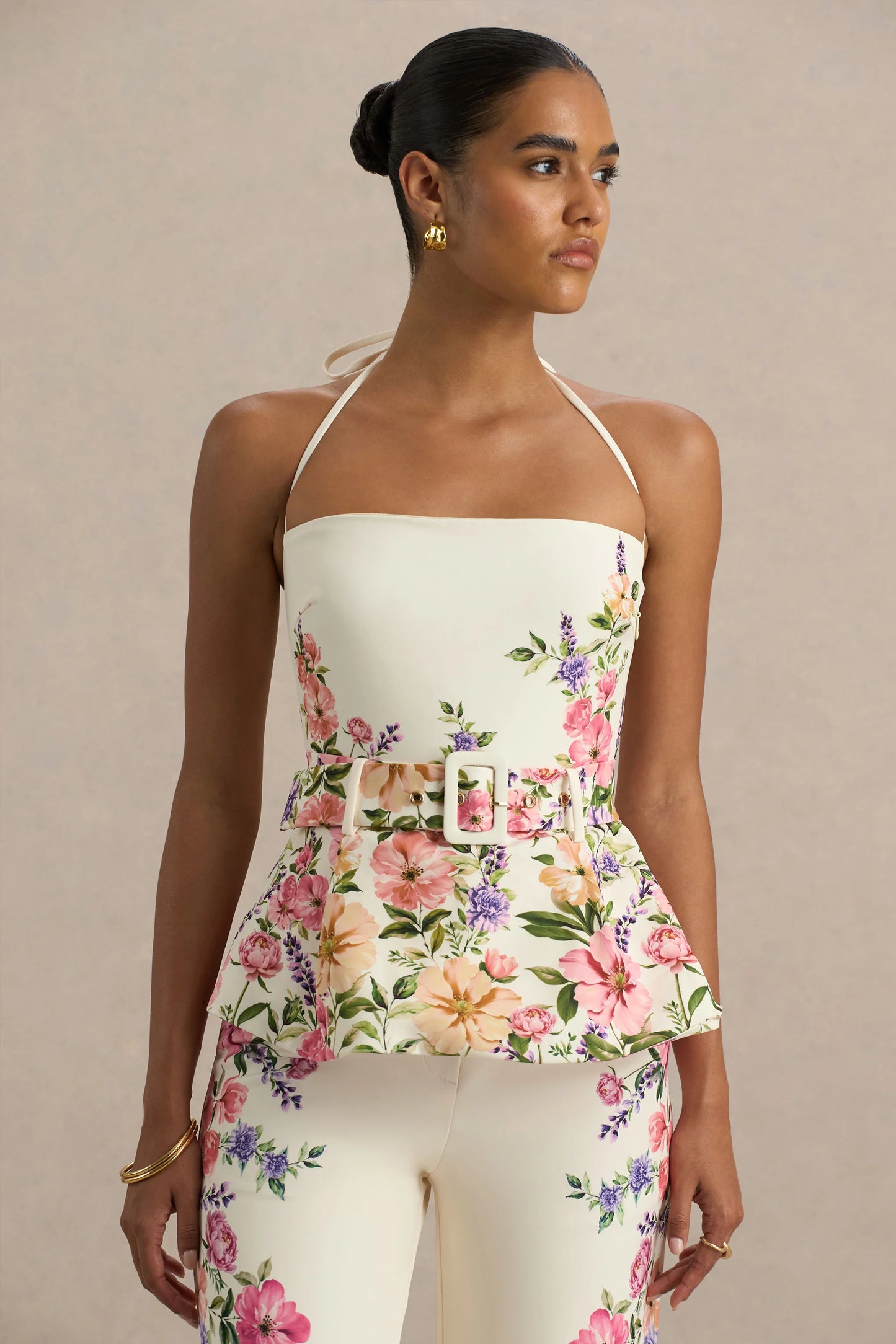 Maud White Floral Border Print Square-Neck Tailored Top