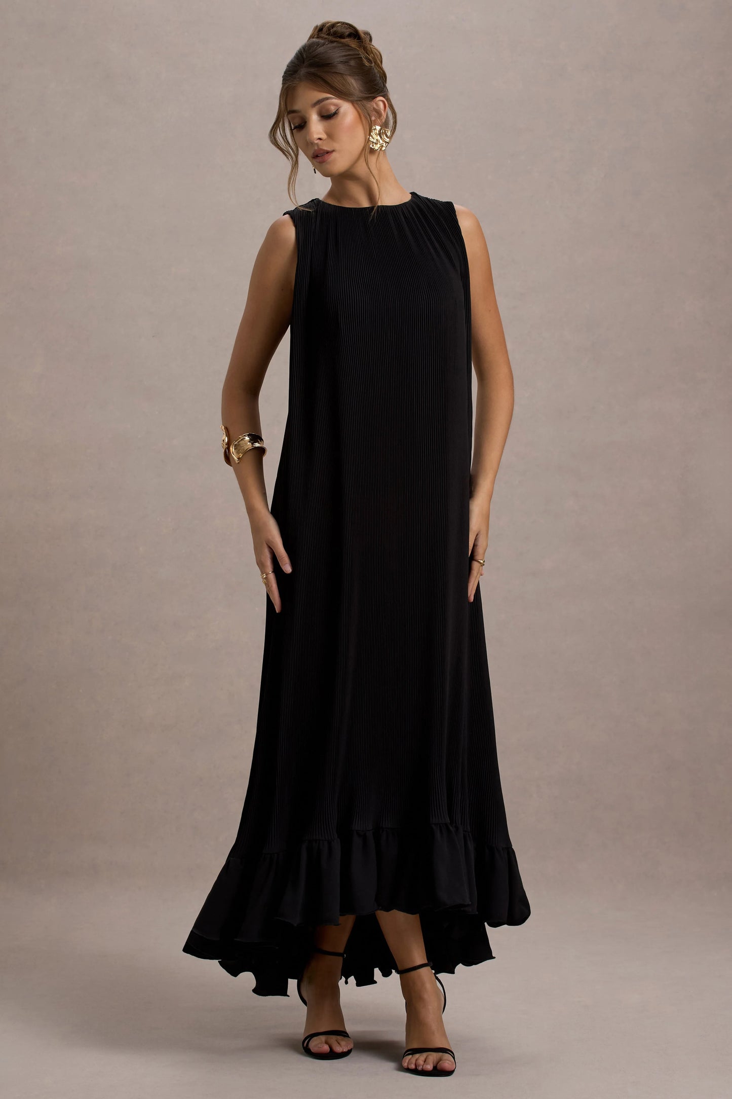 Hazelle Black Chiffon A-Line Ruffled Maxi Dress