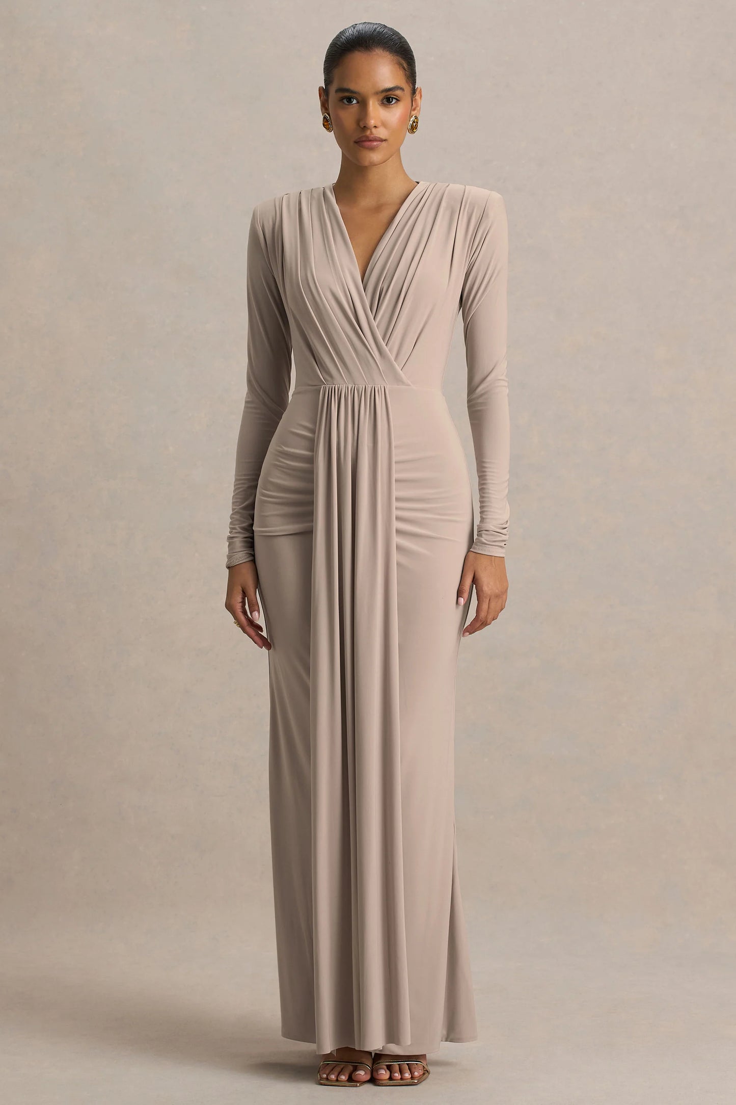 Flashy Champagne Plunge-Neck Maxi Dress With Ruched Detailing