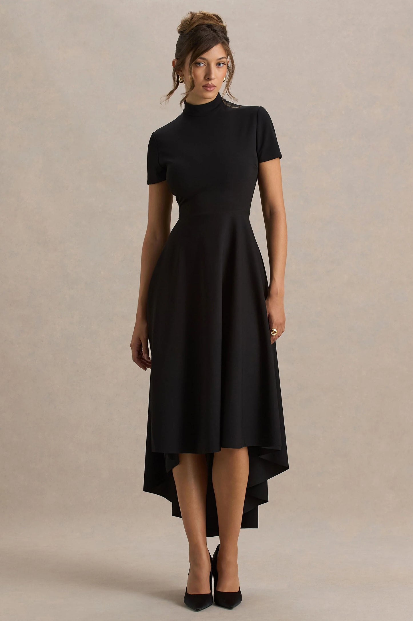 Bellona Black High-Neck High-Low Midi Dress