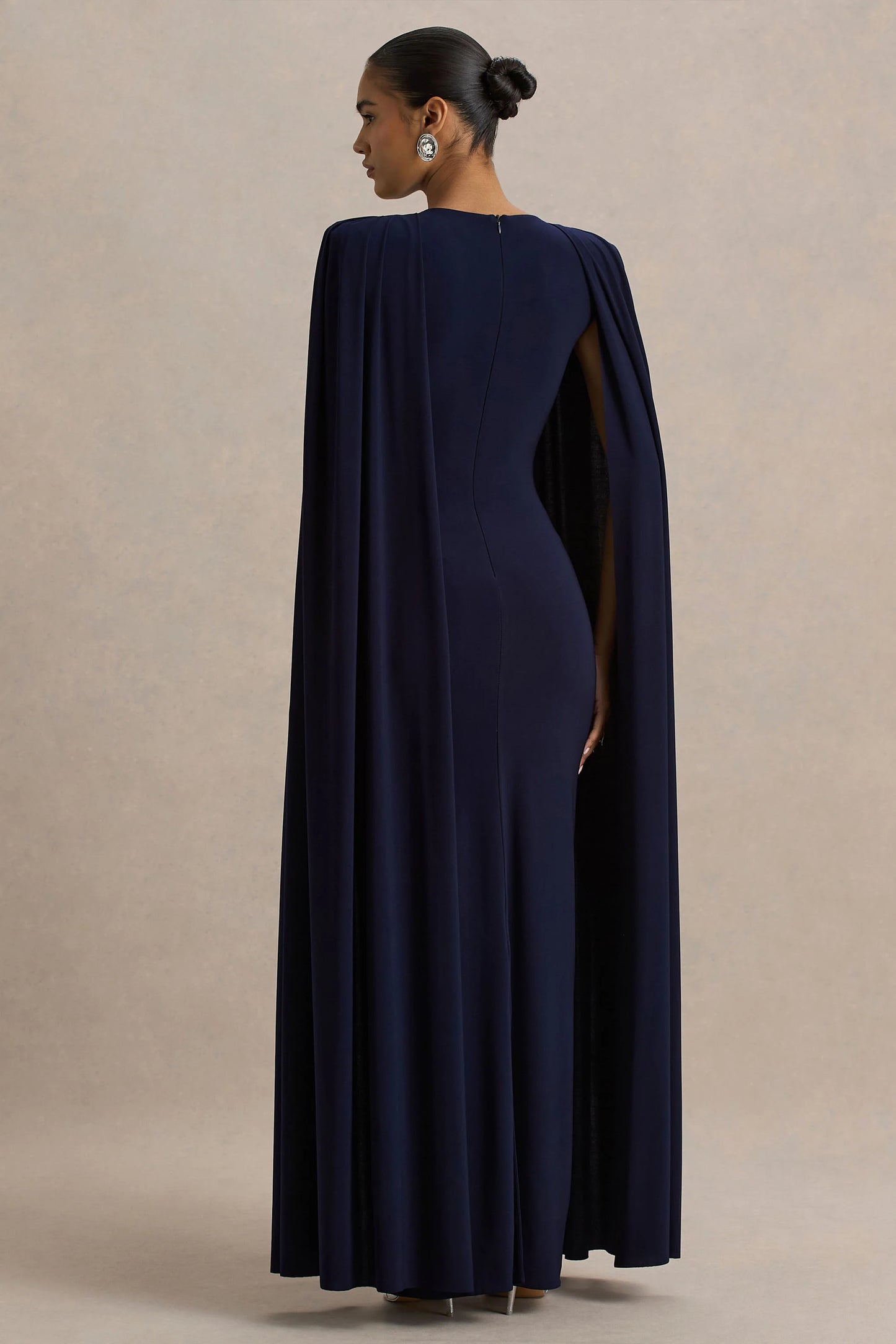 Mimi Navy High-Neck Maxi Dress With Cape Sleeve Detail