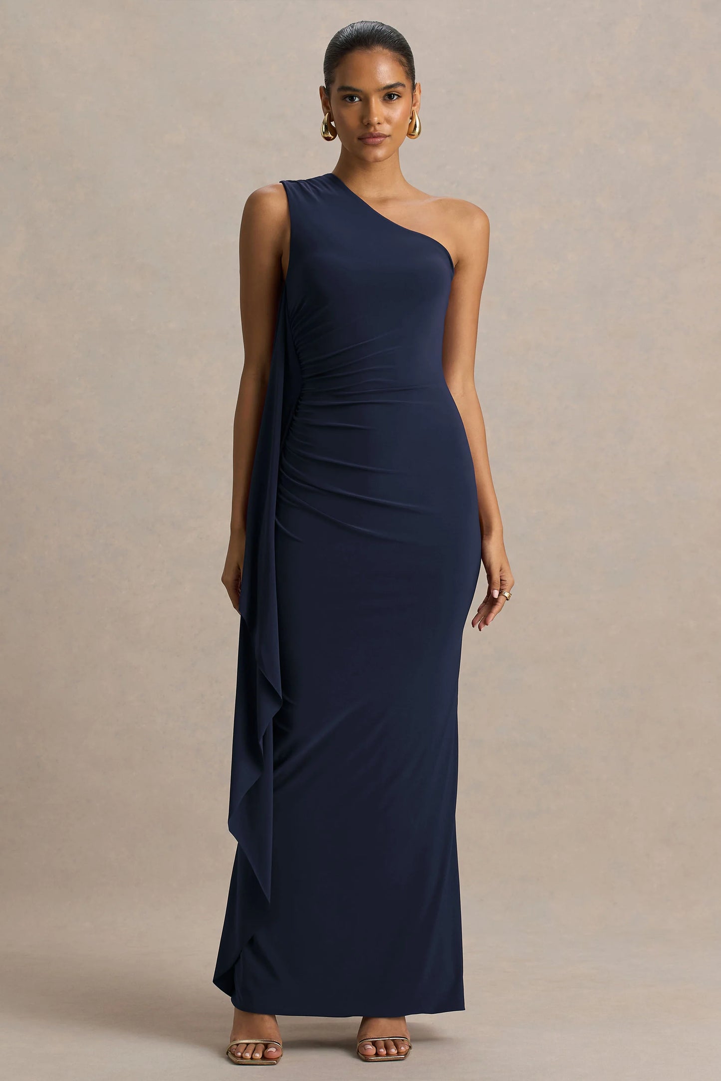 Adelina Navy One-Shoulder Maxi Dress With Drape