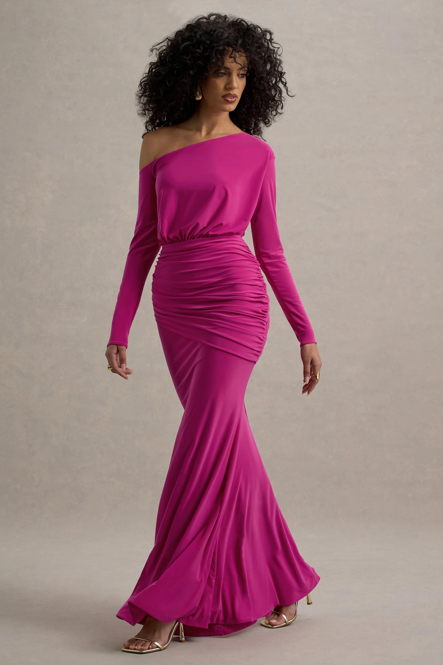 Deanna Hot Pink Asymmetric Long-Sleeve Ruched Maxi Dress
