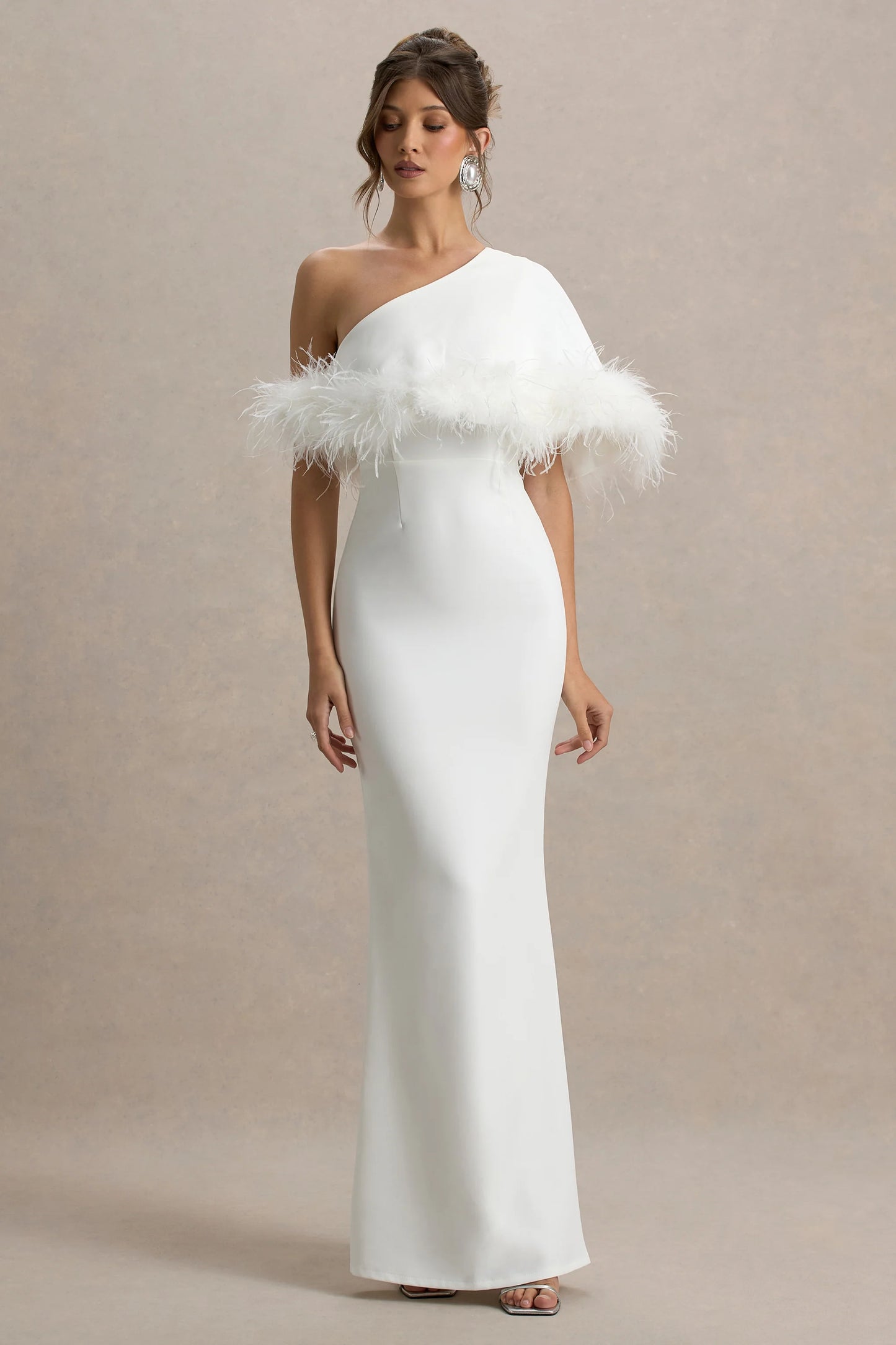 Valor White Asymmetric Maxi Dress With Feather Trim