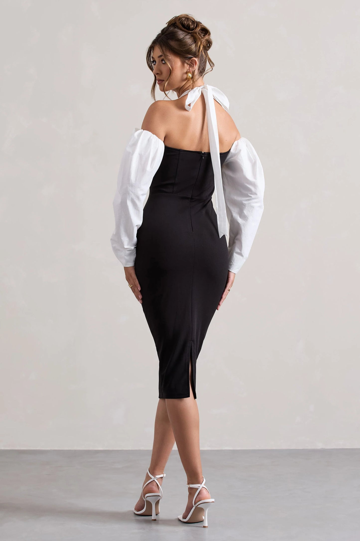 Couture Client Black Halter-Neck Puff Sleeve Midi Dress