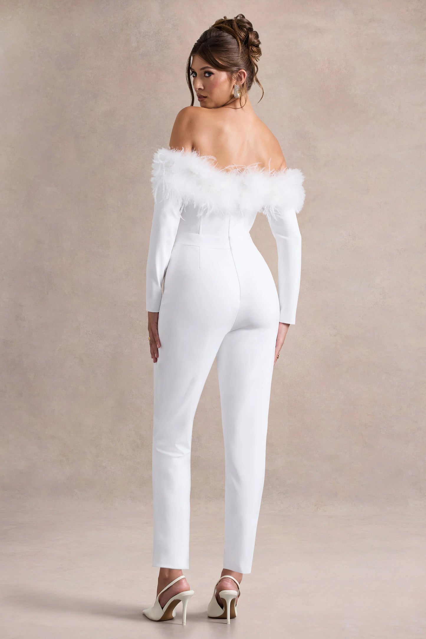 Ales White Bardot Tailored Straight-Leg Jumpsuit With Feather Trim