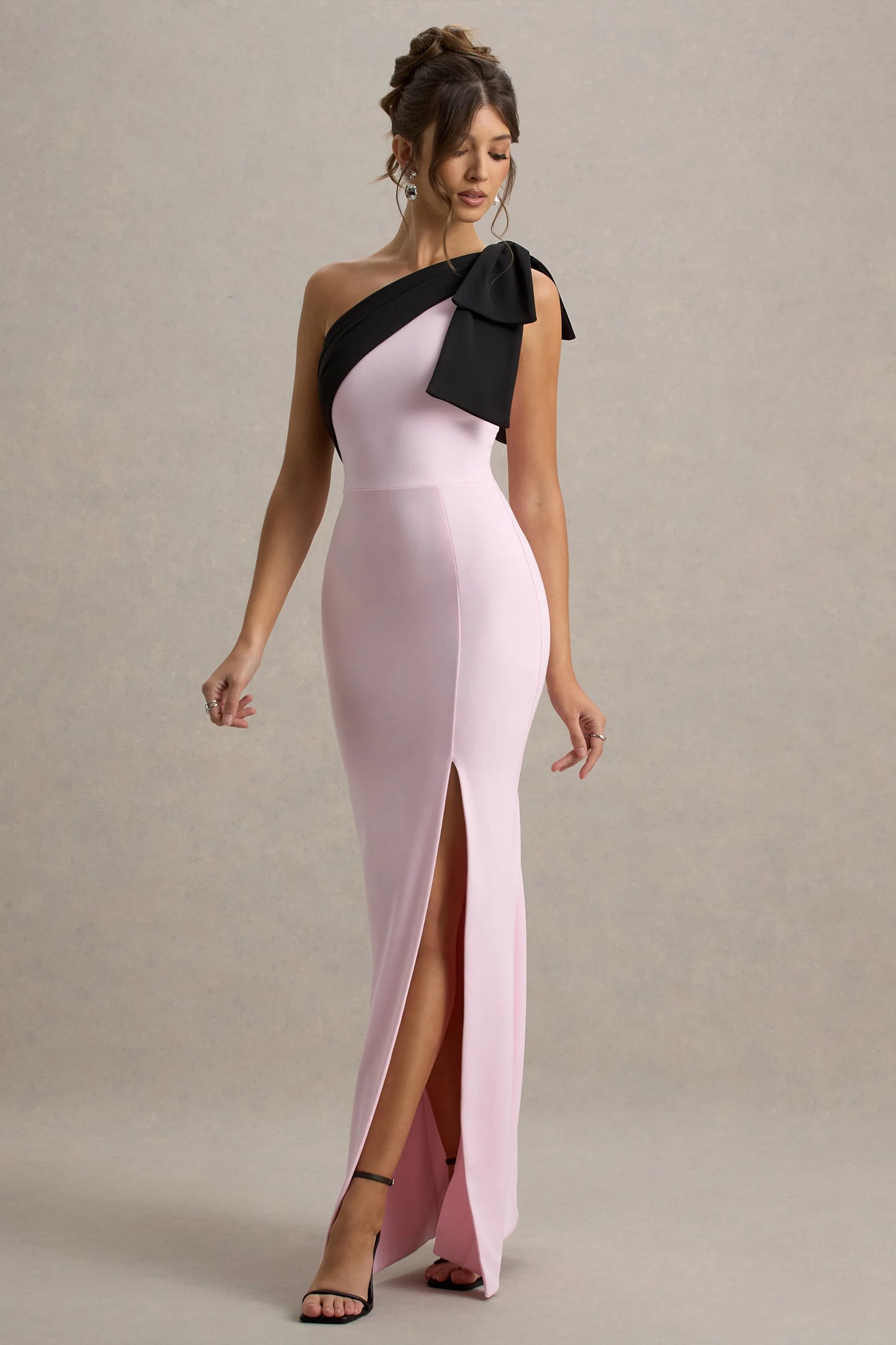 Kiri Pink & Black One-Shoulder Bow Maxi Dress