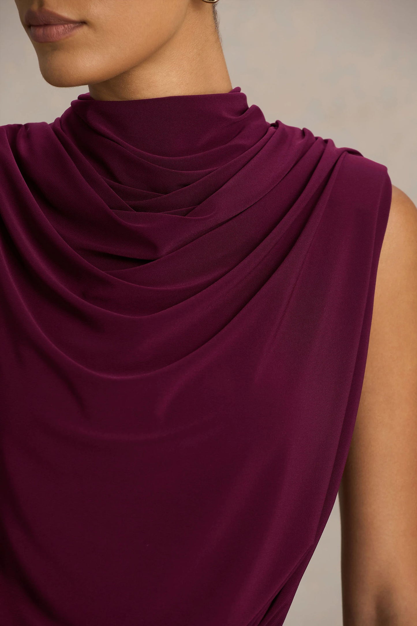 Hermia Burgundy High-Neck Midi Dress