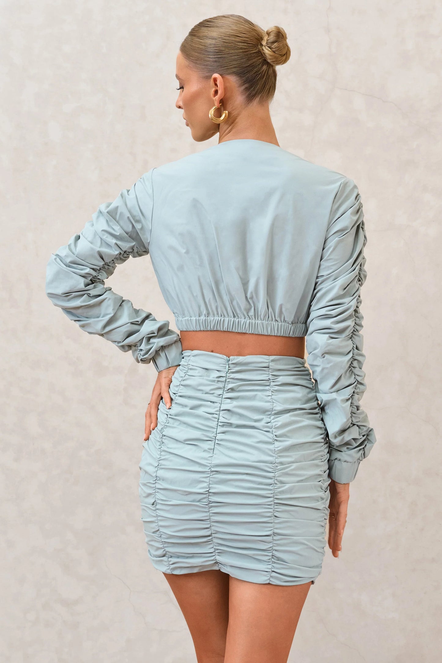 Break Of Day Sage Ruched Mini Skirt