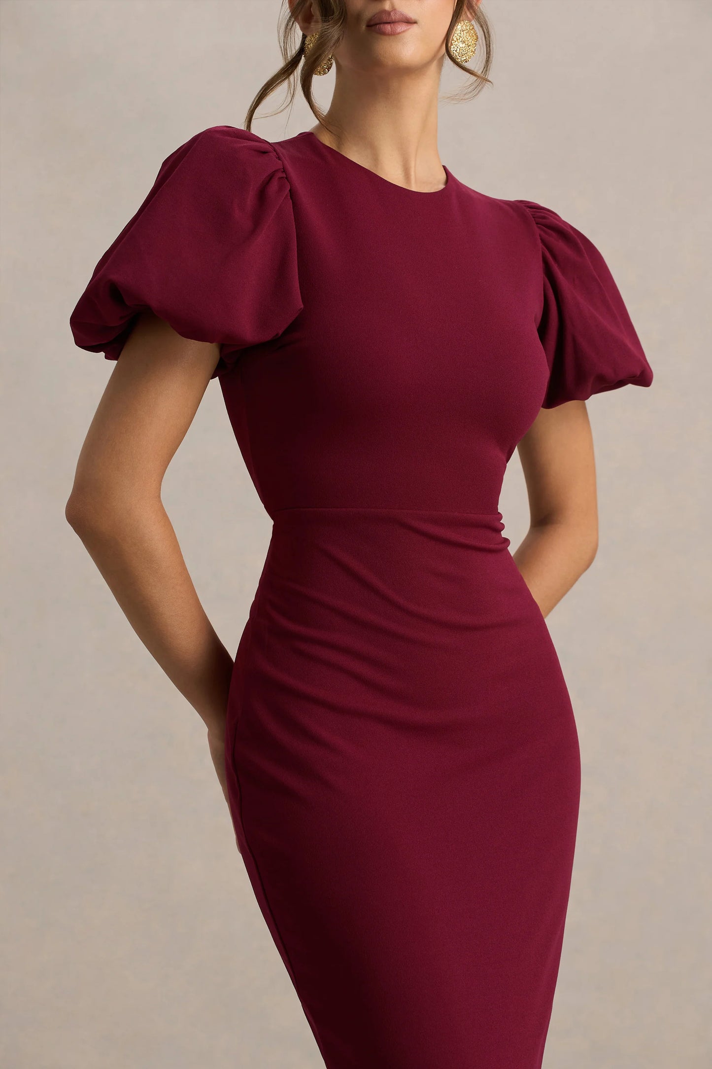 Dakota Burgundy Puff-Sleeve Midi Dress