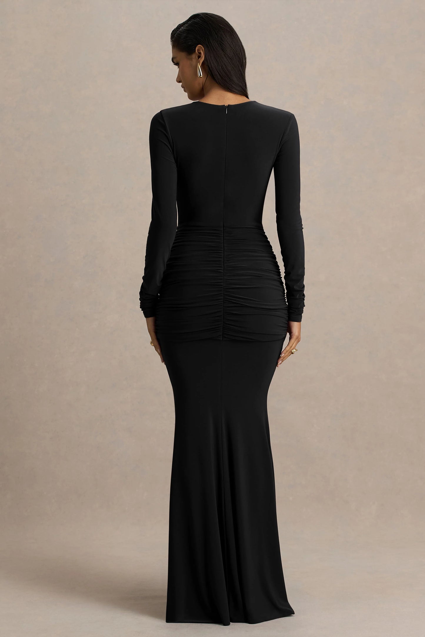 Saffie Black Extreme-Plunge Wrap Maxi Dress With Long-Sleeves And Ruched Detailing