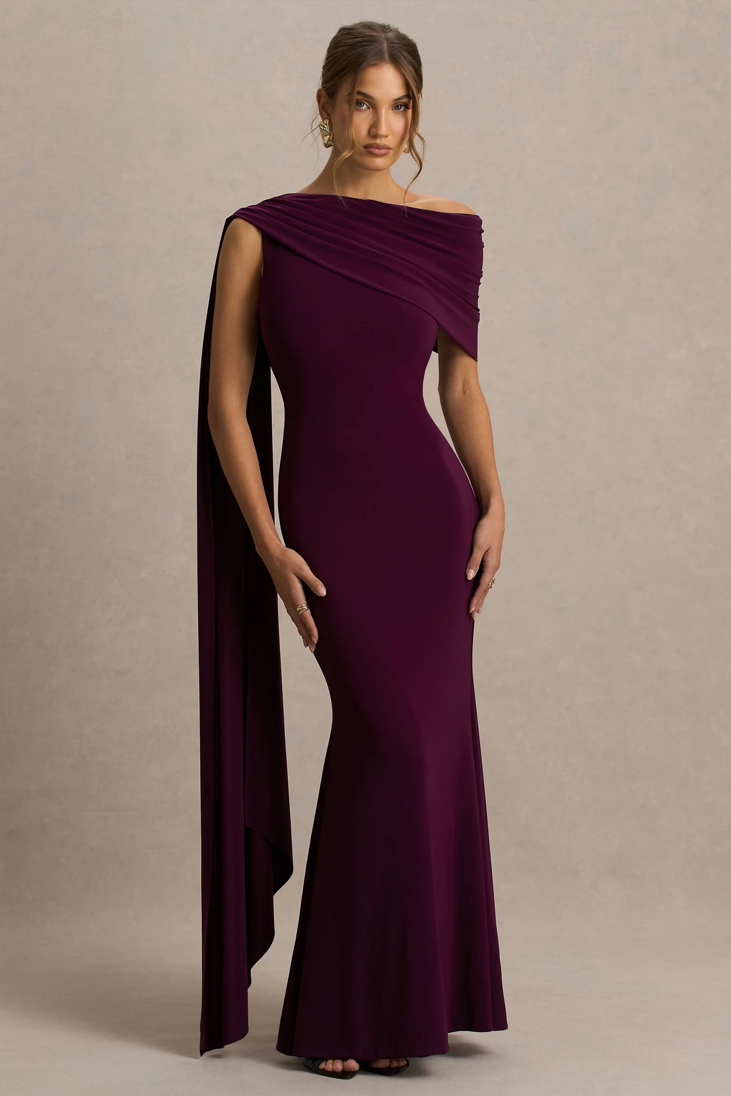 Tiana Dark Plum Asymmetric-Neck Maxi Dress With Draped Detail