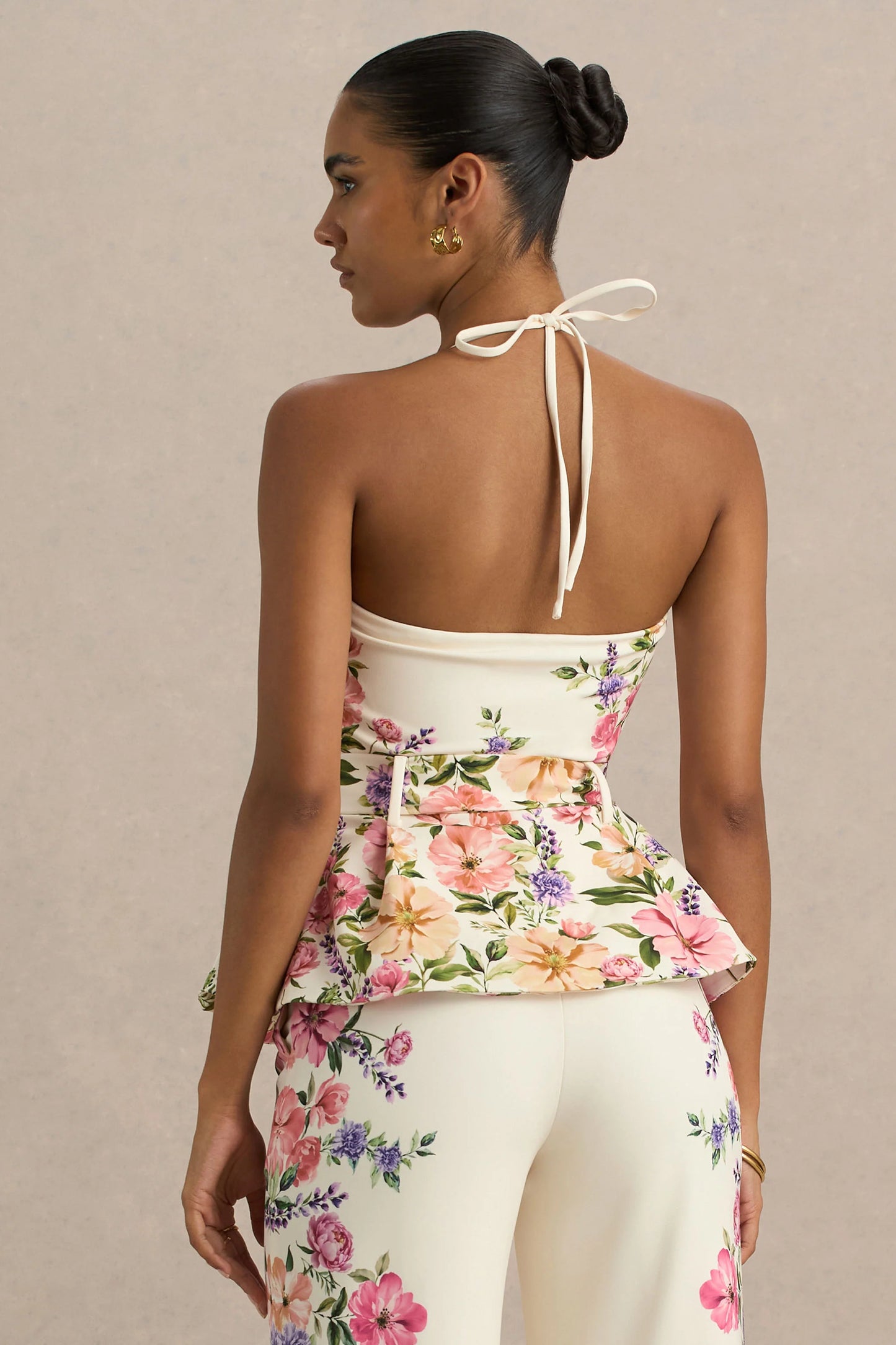 Maud White Floral Border Print Square-Neck Tailored Top