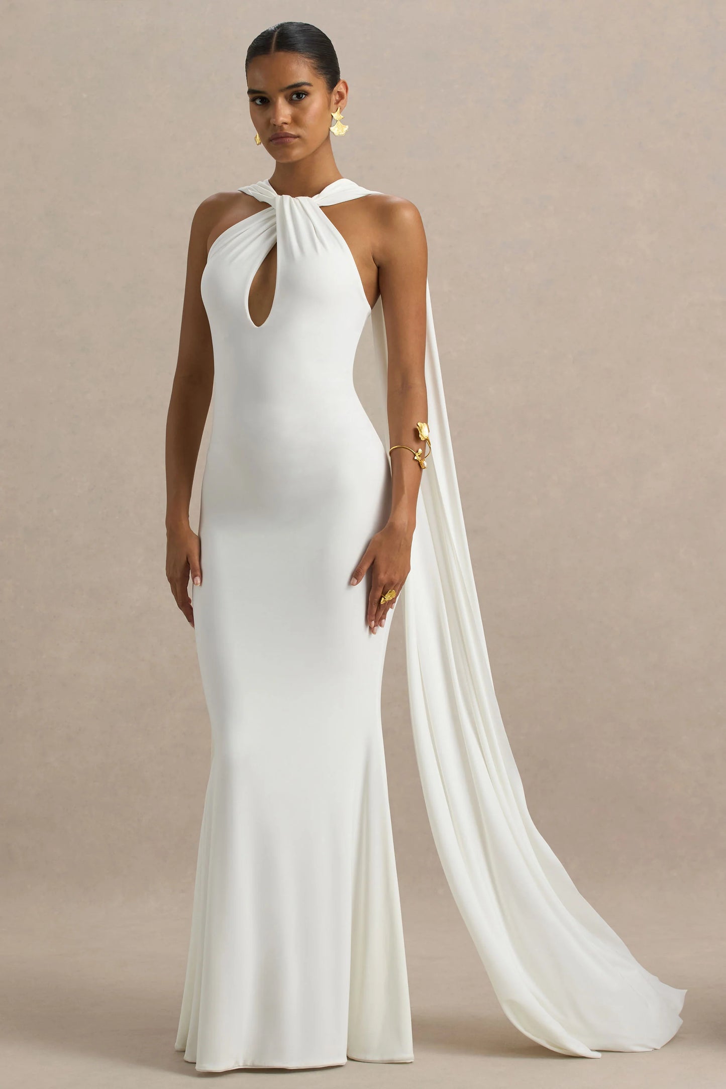 Rhoda White Twist Halter-Neck Cape Maxi Dress