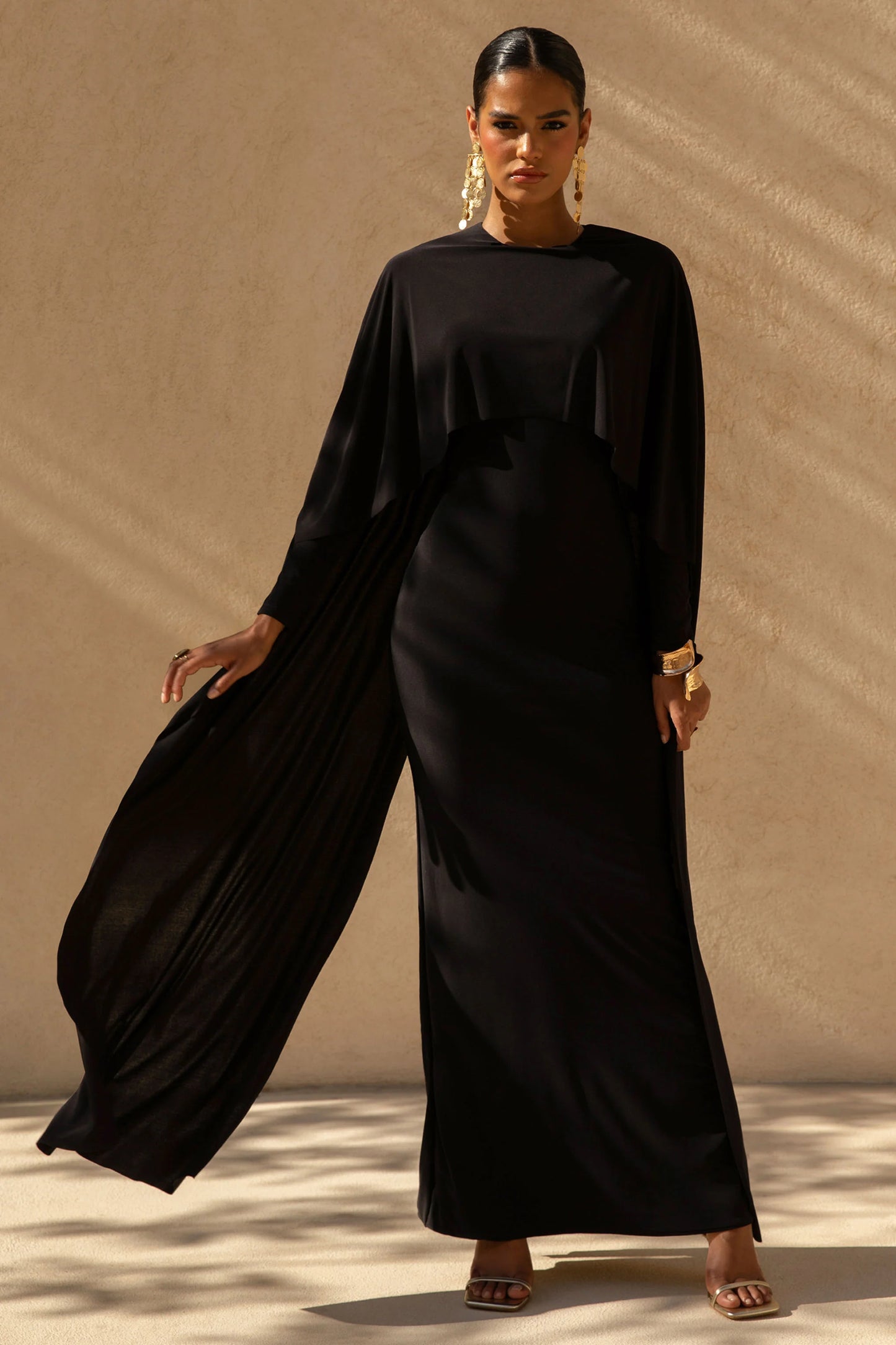 Belinda Black Draped Maxi Dress With Cape Sleeves