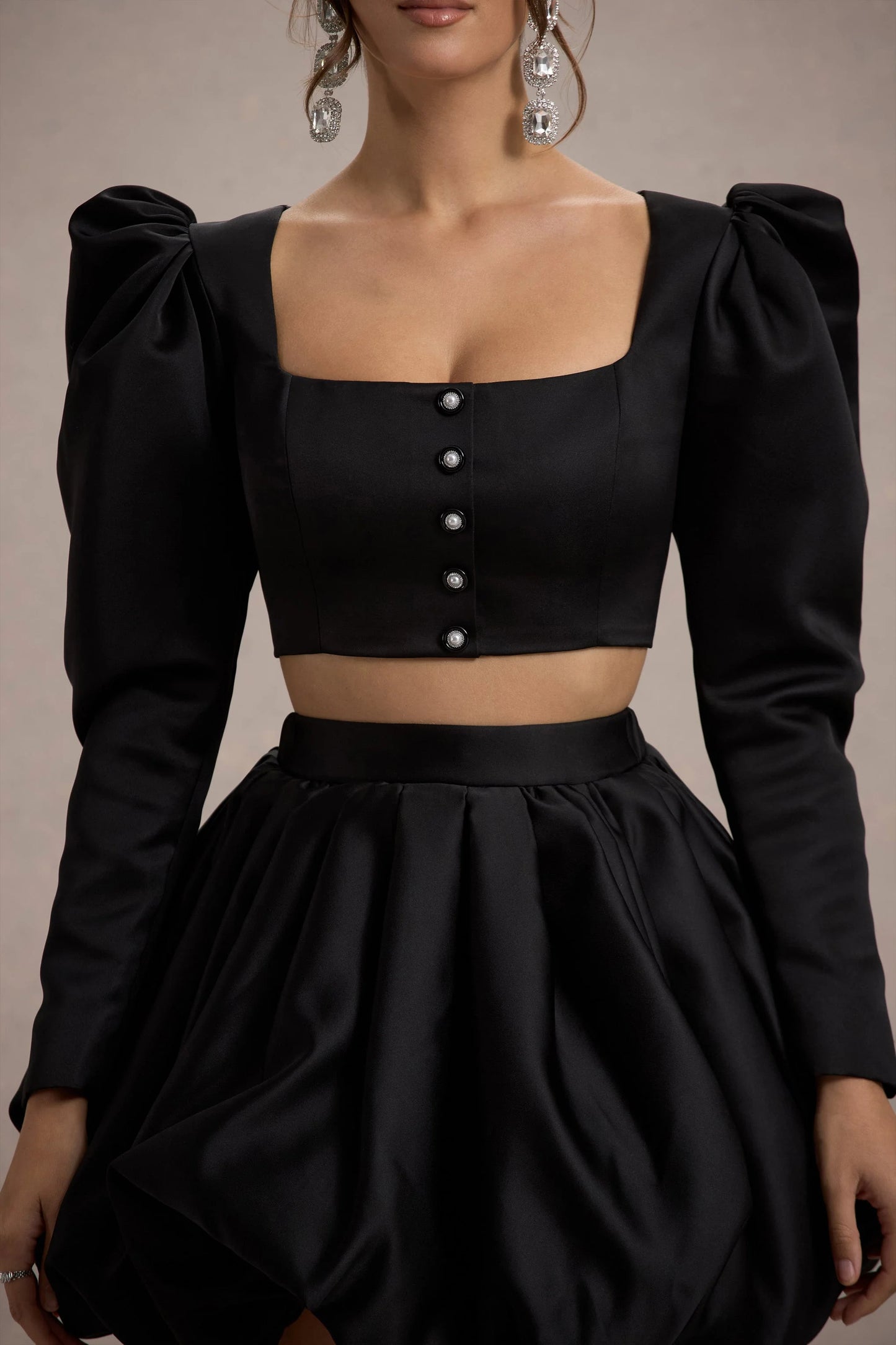 Eloisa Black Satin Puff-Sleeve Cropped Jacket