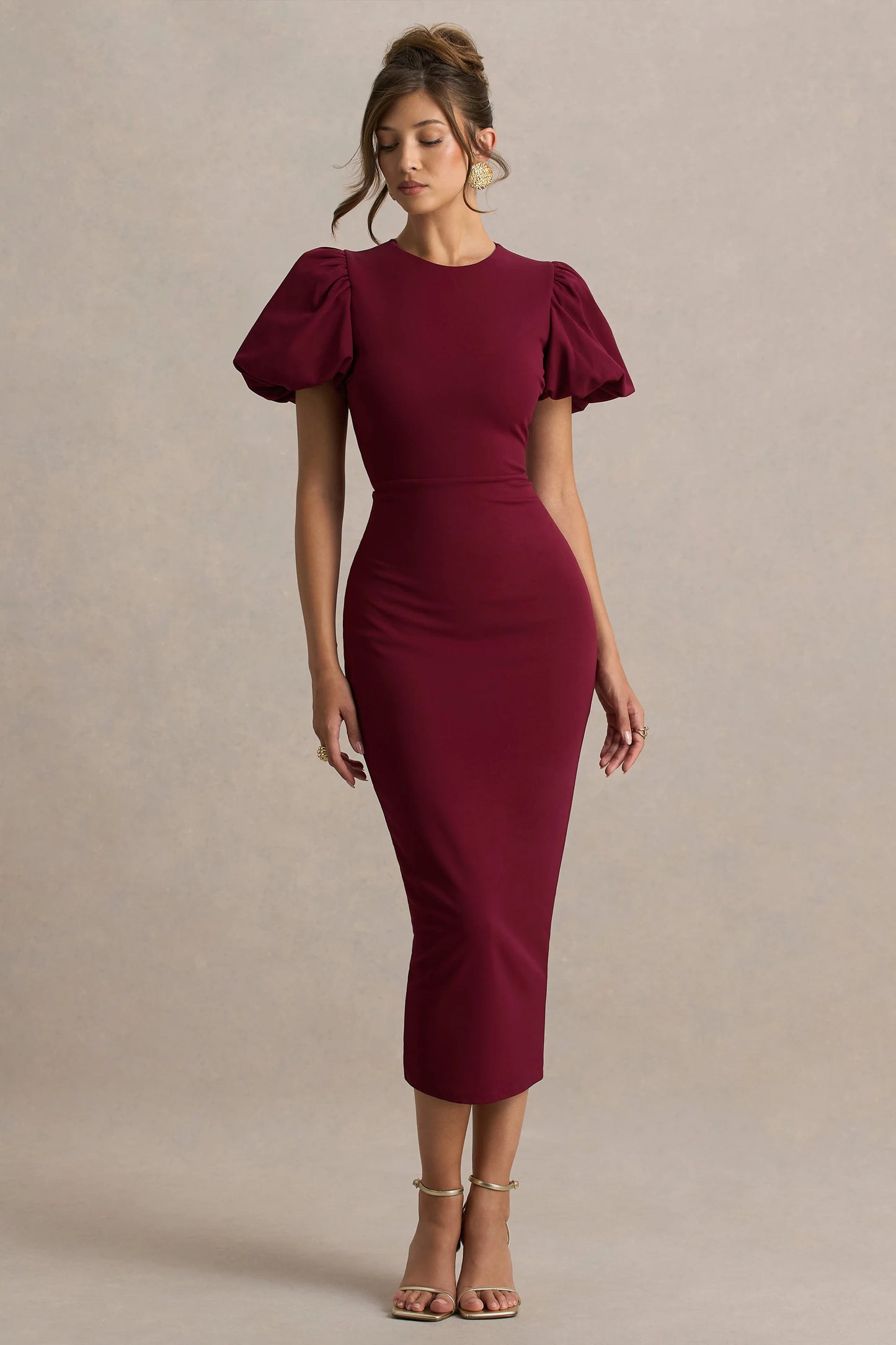 Dakota Burgundy Puff-Sleeve Midi Dress