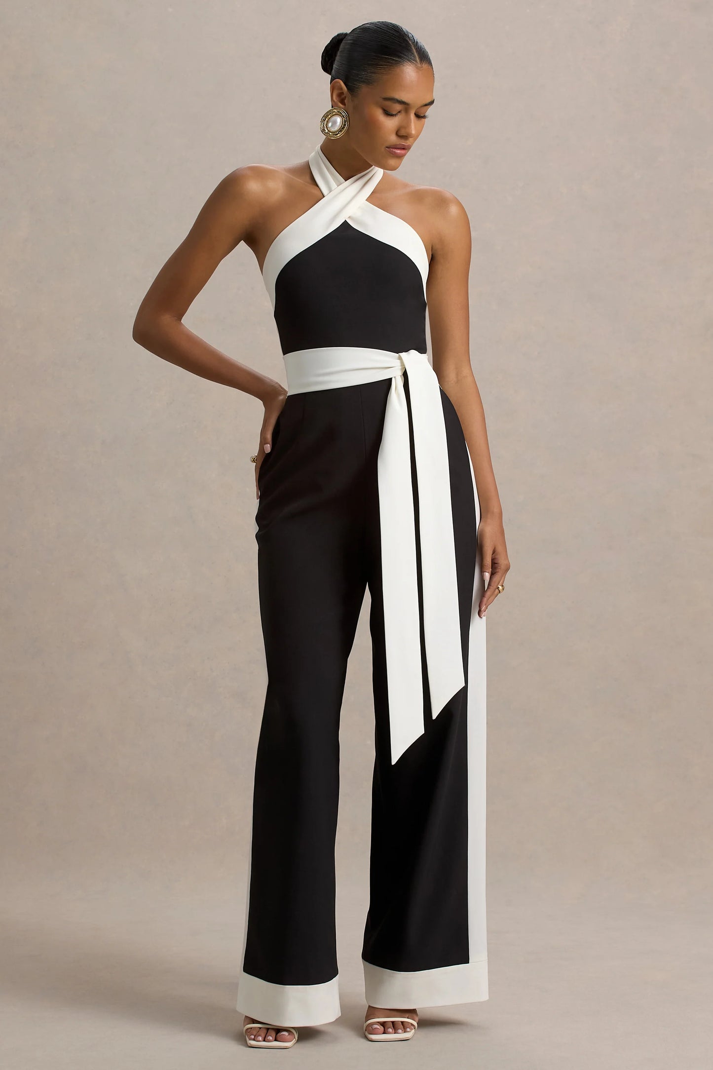 Caterina Black & White Halter-Neck Wide-Leg Jumpsuit